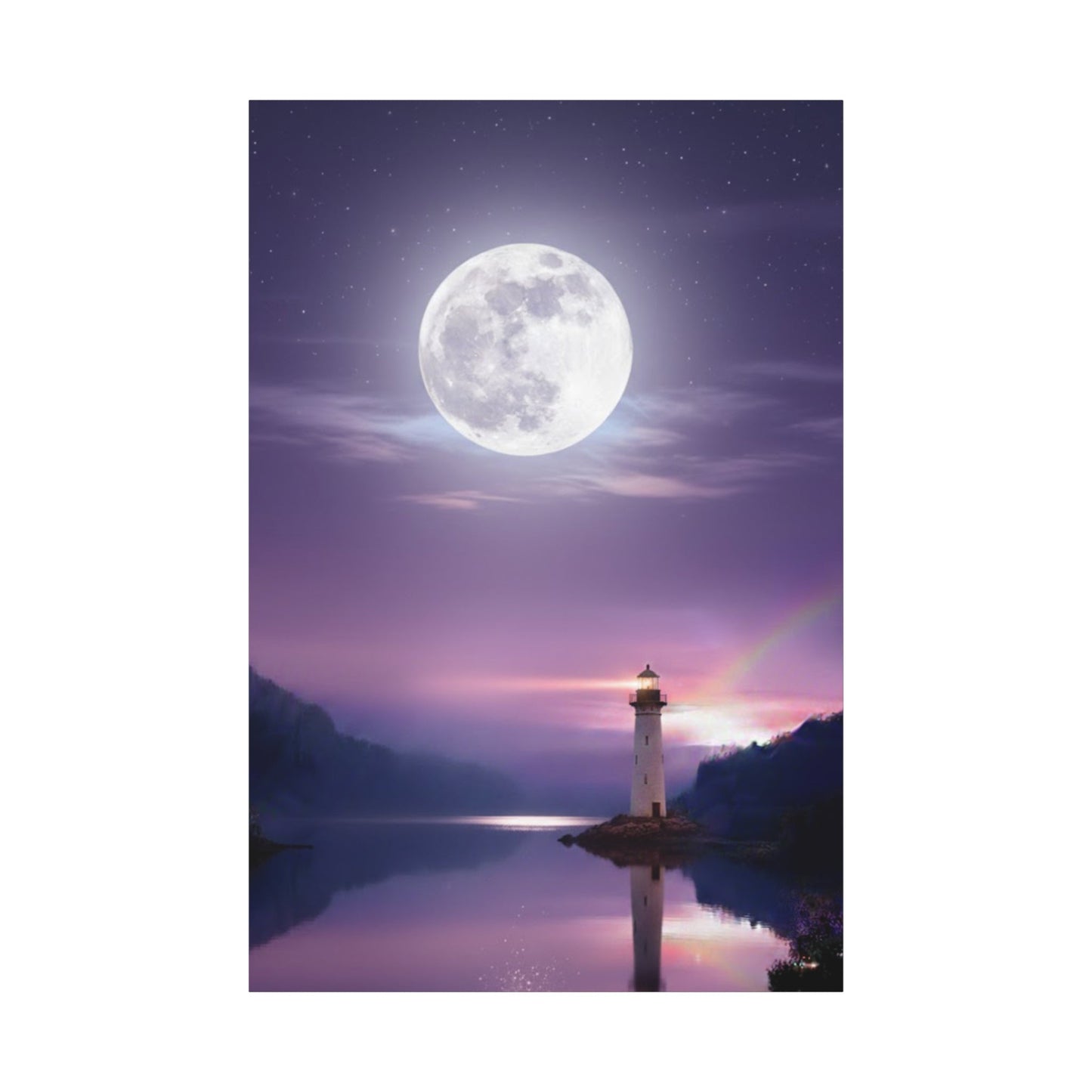 Canvas wall art depicting a full moon over a tranquil lake with a lighthouse reflecting in calm waters in violet and indigo tones