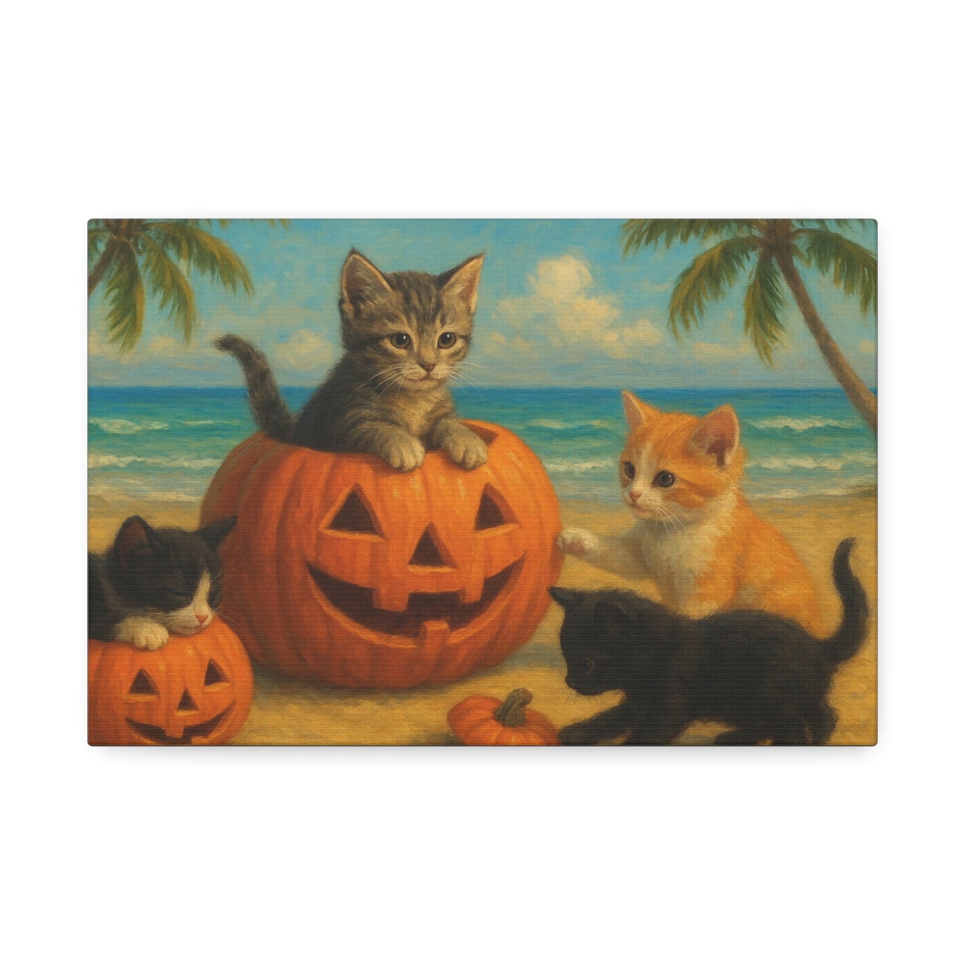 Canvas-Pumpkin Kittens wall art with adorable kittens playing around carved pumpkins on a beach, perfect fall and Halloween home decor for cat lovers.
