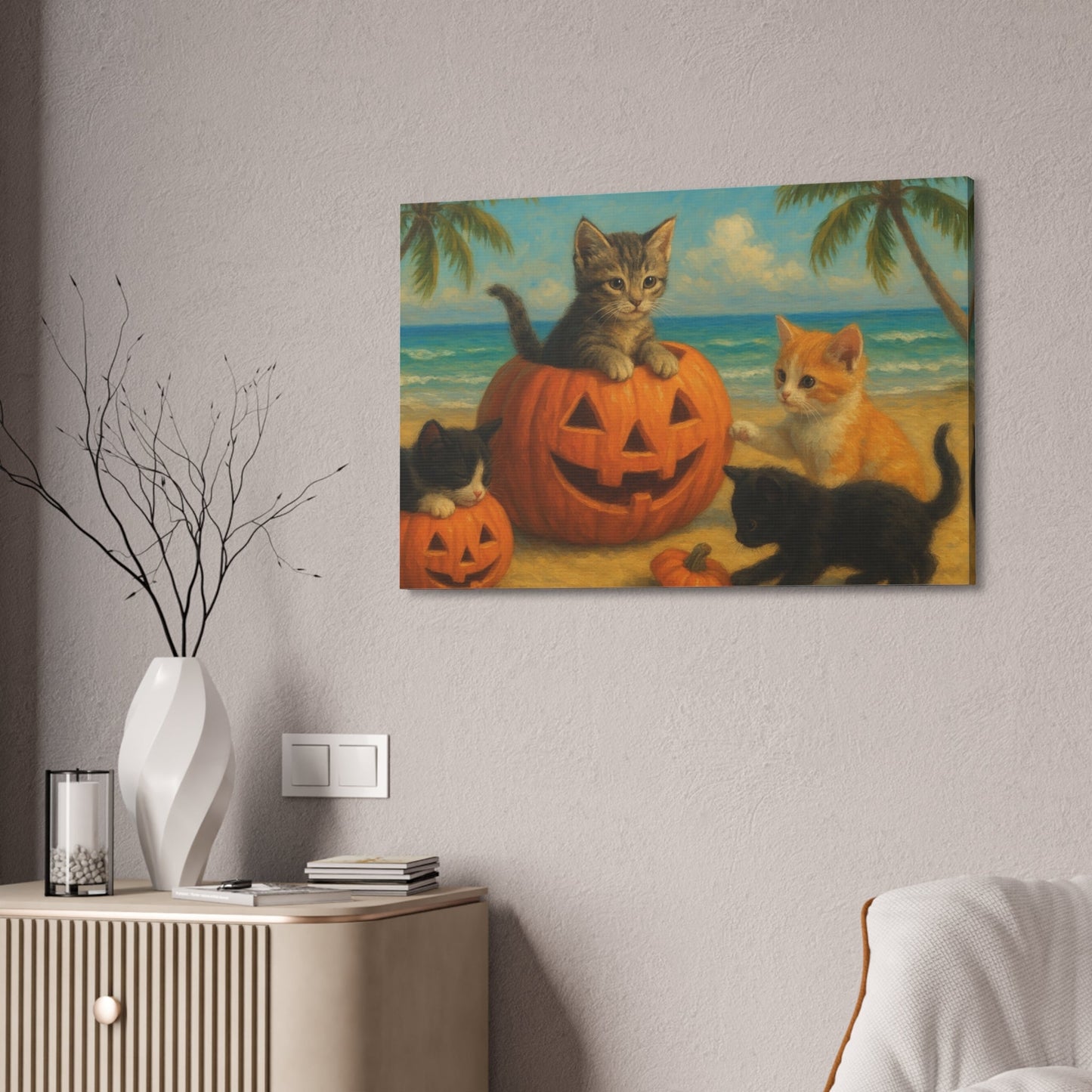 Canvas-Pumpkin Kittens wall art with kittens playing on Halloween pumpkins by the beach, autumn and cozy living room decor.