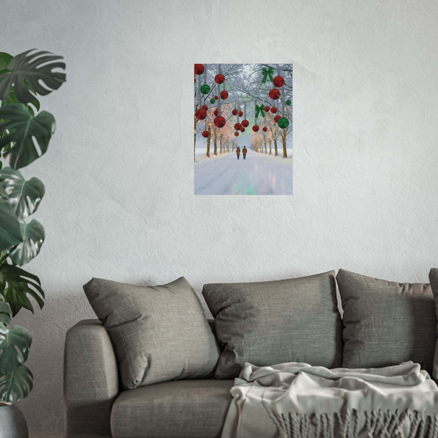 Cozy poster of a couple admiring winter Christmas lights in snowy park, perfect festive home decor