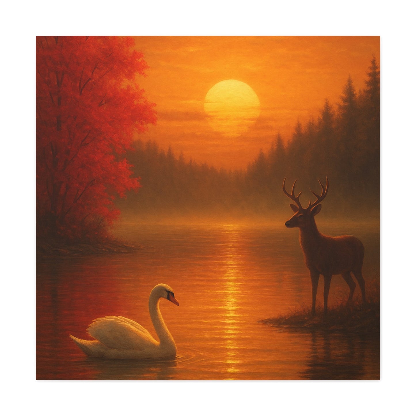 Dusk on the Autumn Lake Sunset canvas with swan gliding on reflective water and deer standing by pine forest at sunset