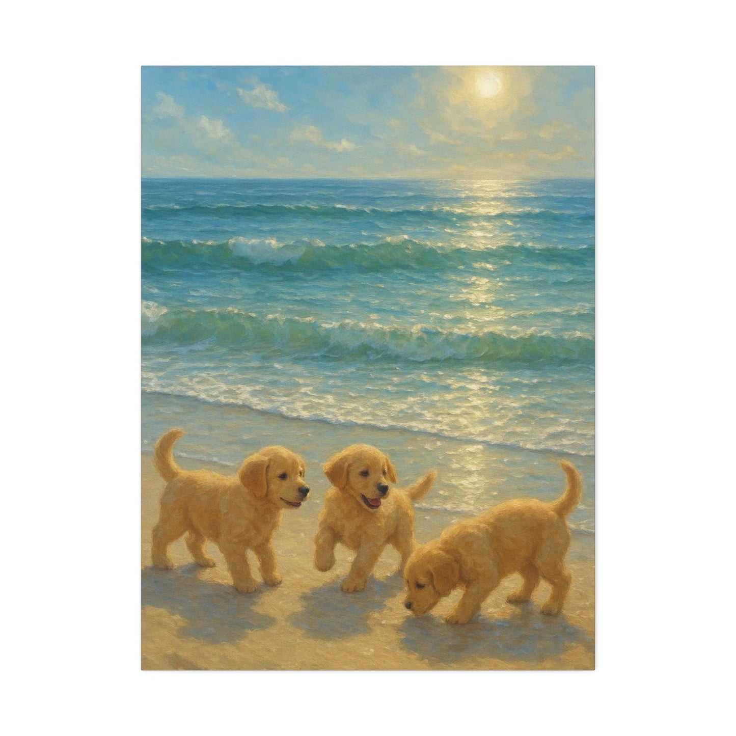 Abstract wall art of three Golden Retriever puppies playing on a sunlit beach with turquoise waves and golden sunlight reflection on water and sand.