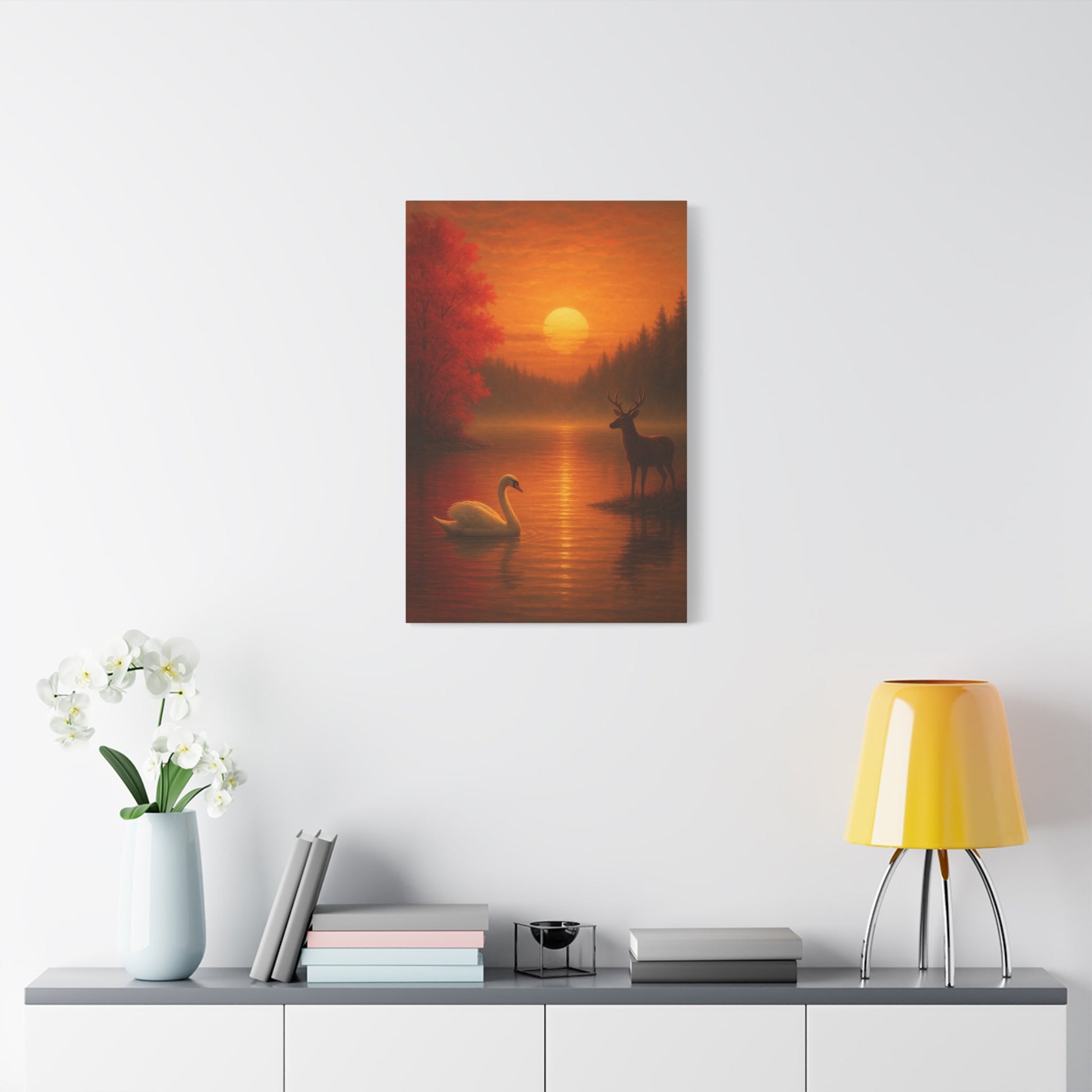 Dusk on the Autumn Lake Sunset canvas art with swan and deer silhouette at sunset over autumn lake