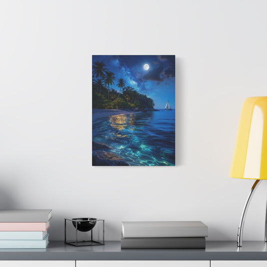 Moonlit Tropical Beach Canvas Wall Art — Night Sail Ocean Landscape