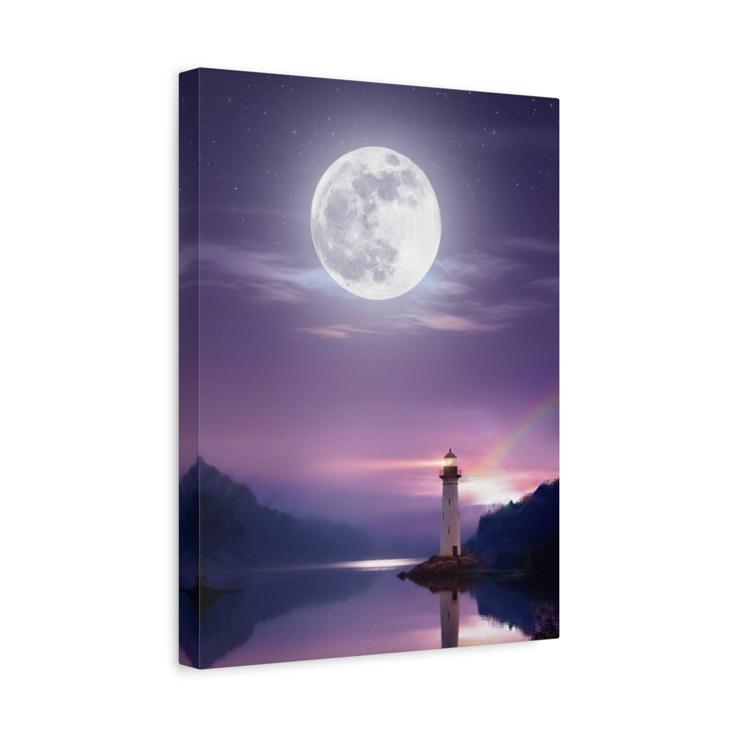Canvas wall art featuring a full moon over a calm lake with a glowing lighthouse in violet and indigo tones.