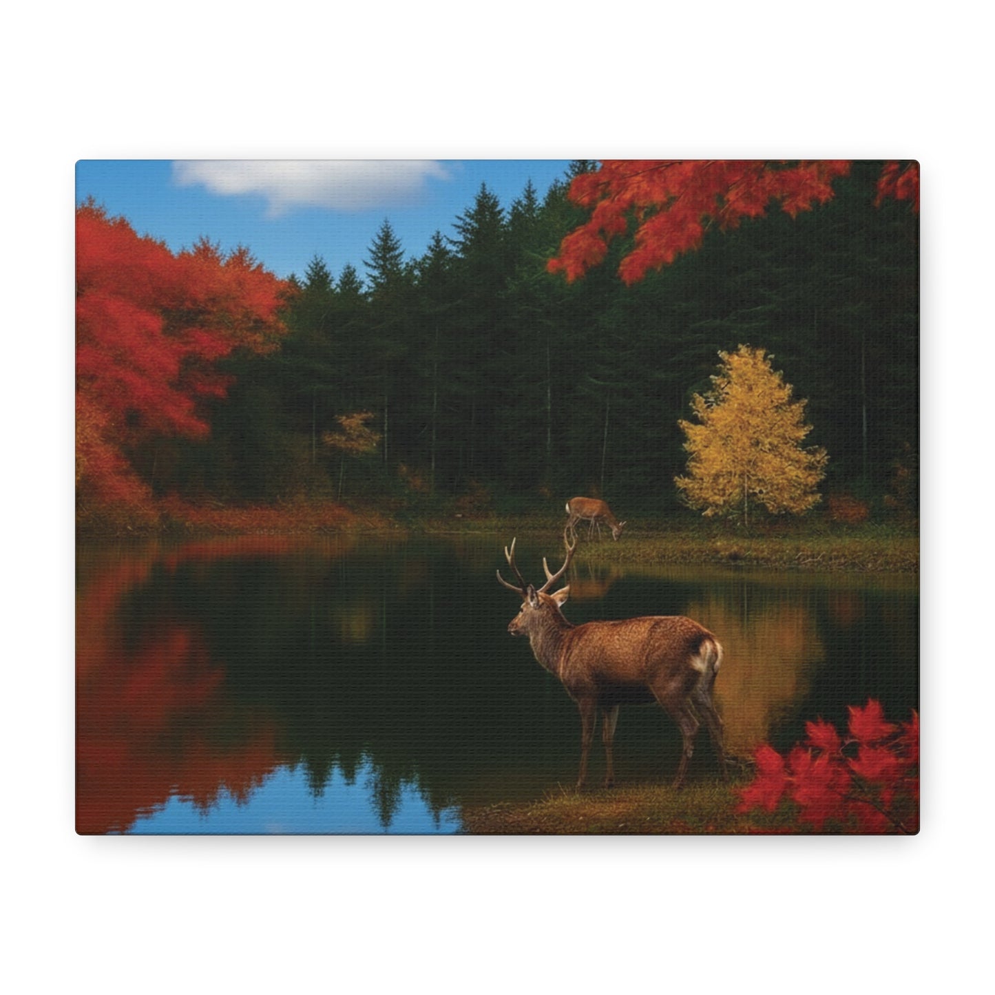 Autumn foliage and Deer by the lake Canvas wall art print