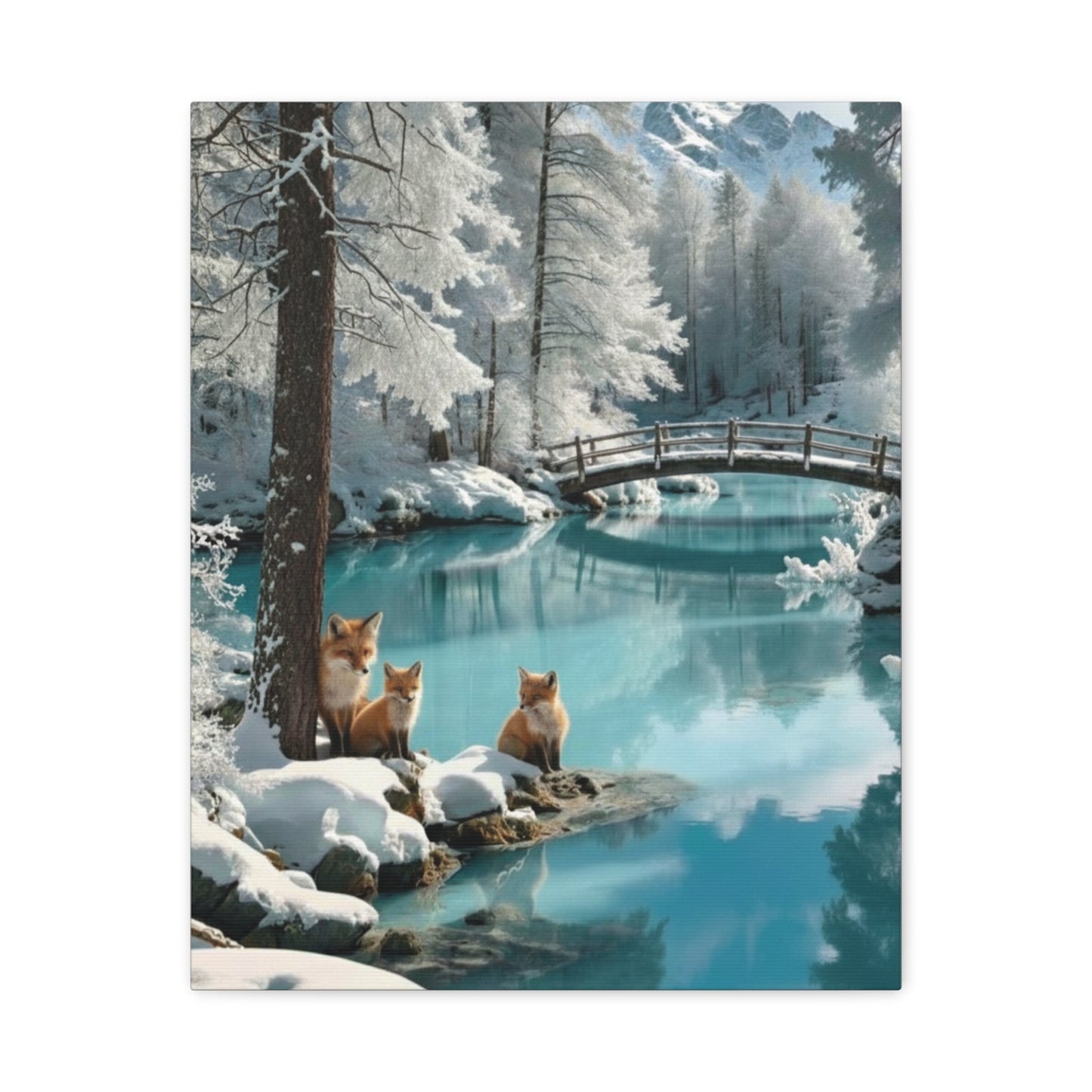 Canvas Wall Art depicting winter landscape with foxes by snowy river and wooden bridge