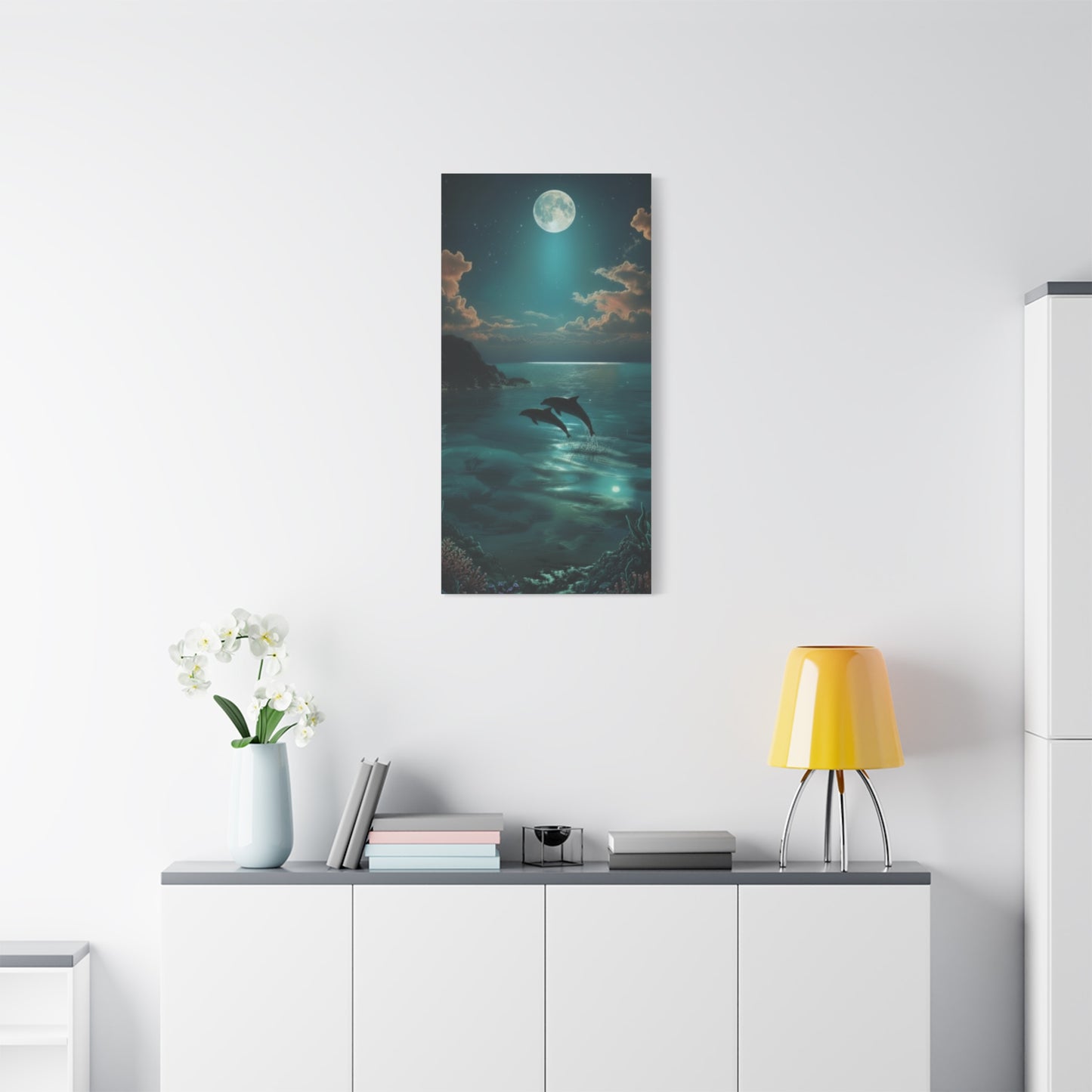 Dolphins in Turquoise Moonlit Ocean Canvas Wall Art