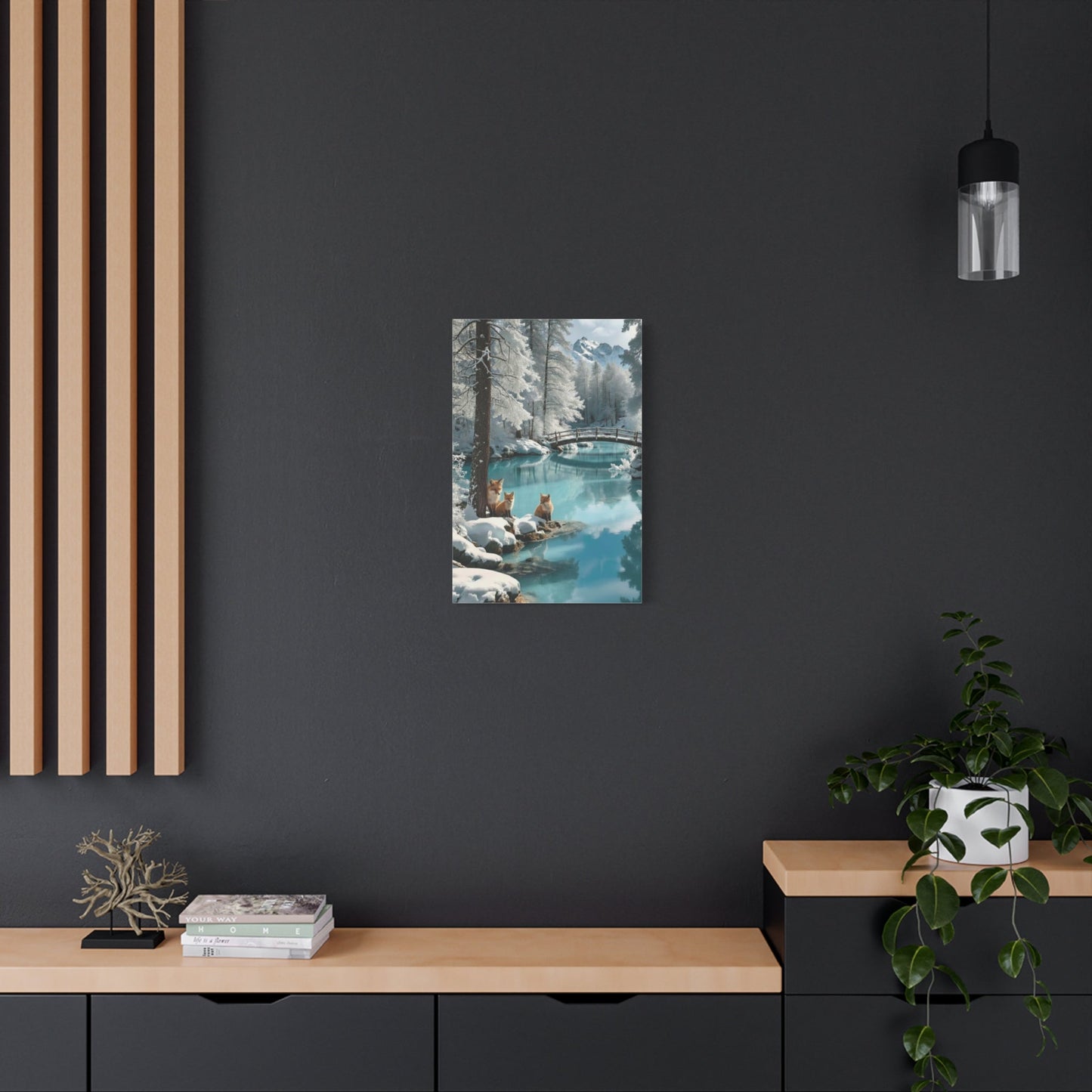 Canvas wall art featuring winter foxes by a snowy river in a serene natural landscape