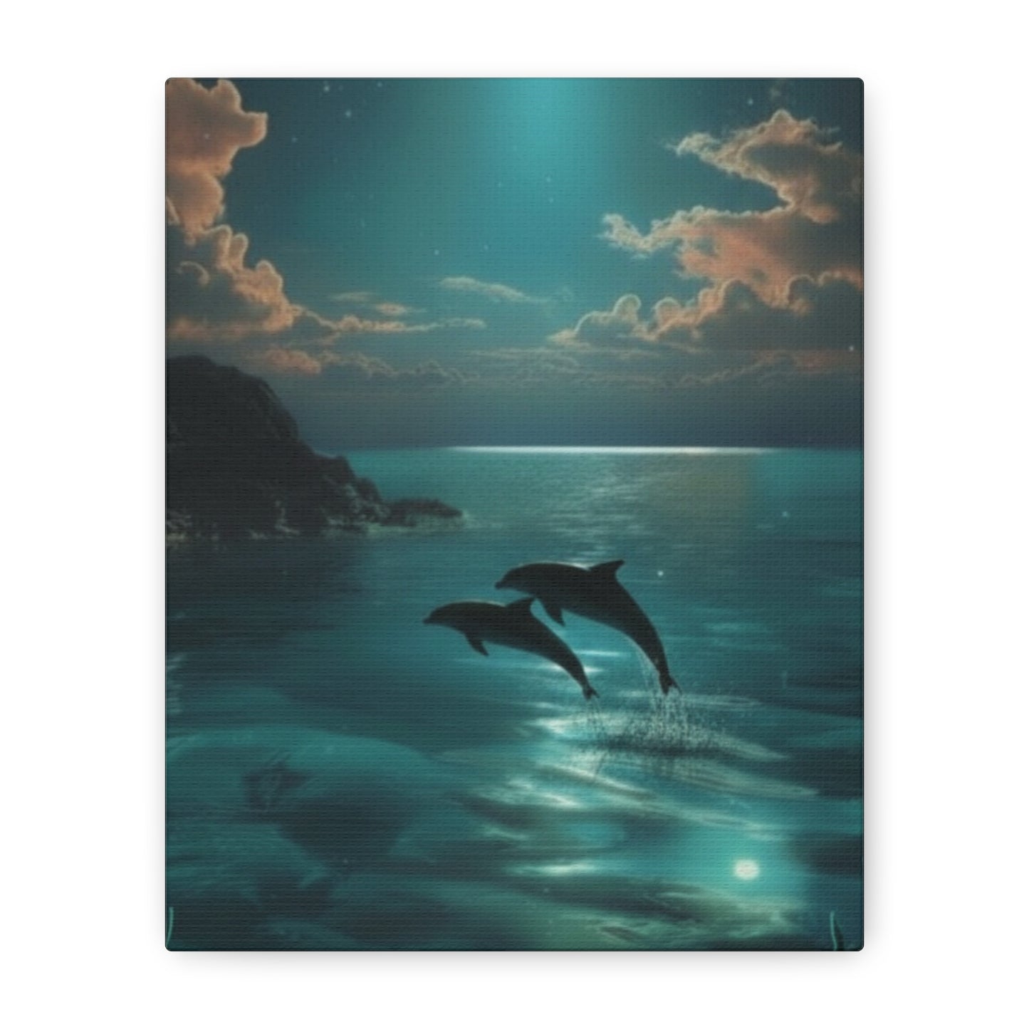 Dolphins in Turquoise Moonlit Ocean Canvas Wall Art