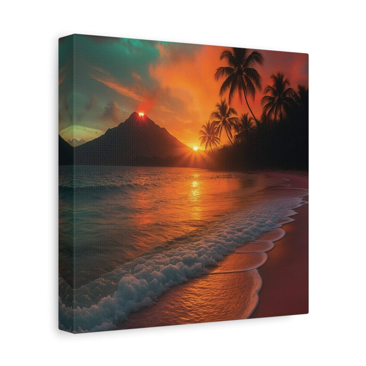 Canvas wall art featuring red lava flowing and a vibrant sunrise over a tropical ocean beach with palm trees.