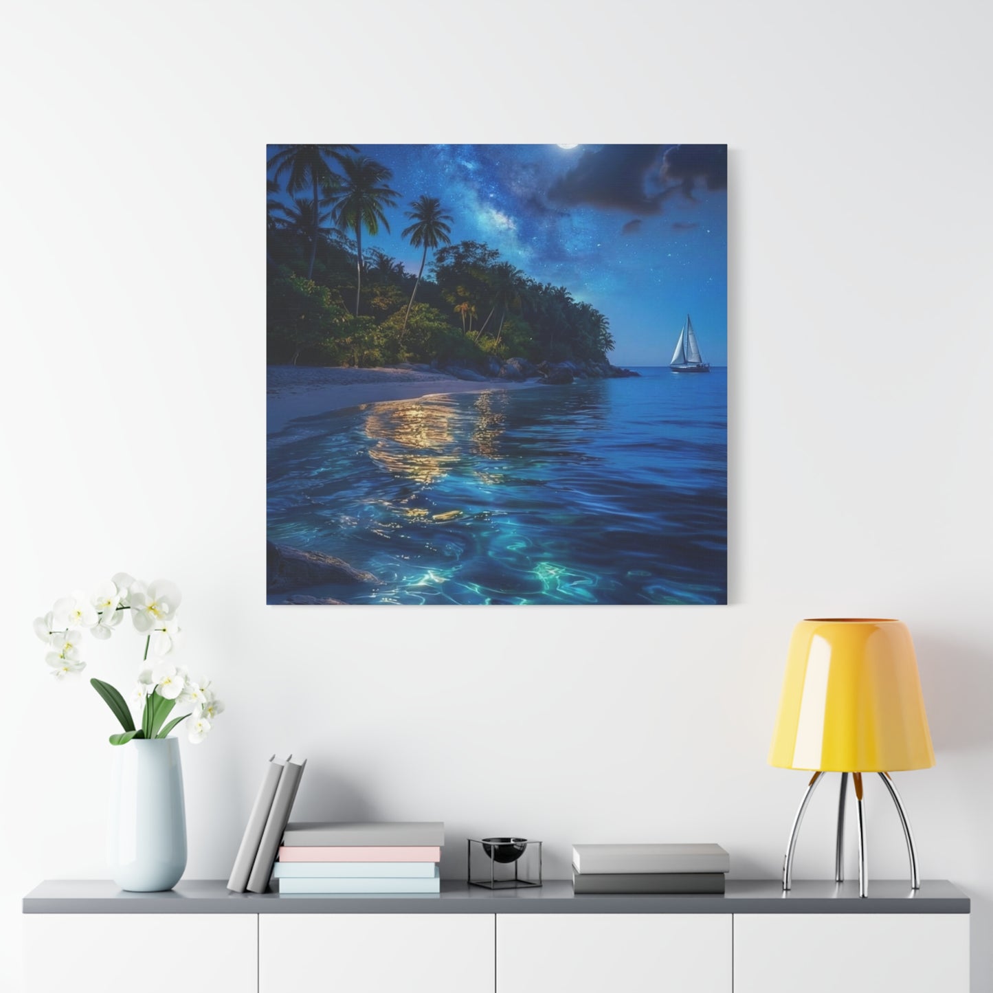 Moonlit Tropical Beach Canvas Wall Art — Night Sail Ocean Landscape