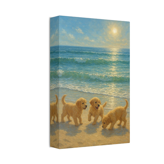 Abstract canvas art of three Golden Retriever puppies playing on sunlit beach with turquoise waves and golden sunlight reflection