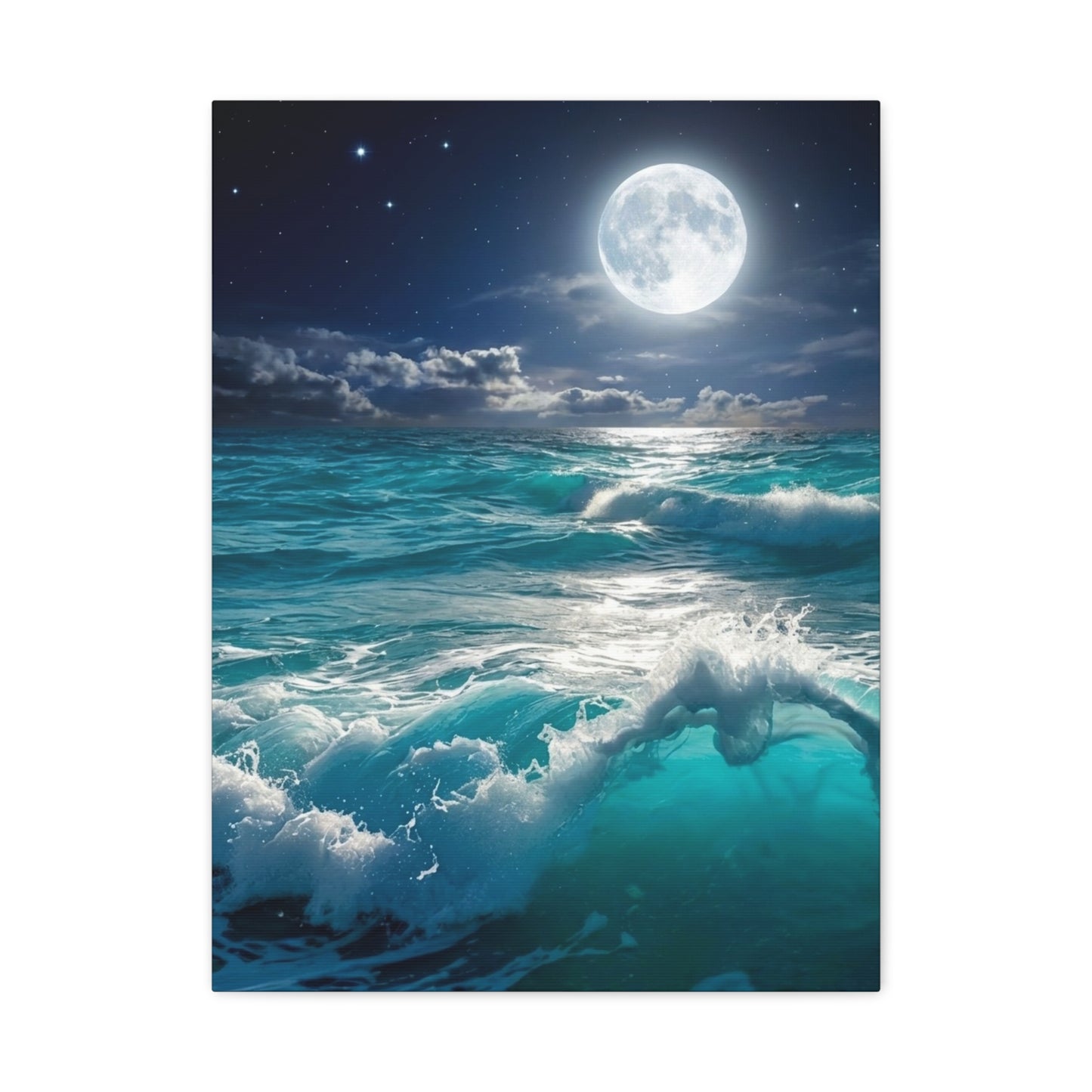 Tranquil Ocean Moonlight Canvas - Calming Blue Waves Wall Art for Bedroom