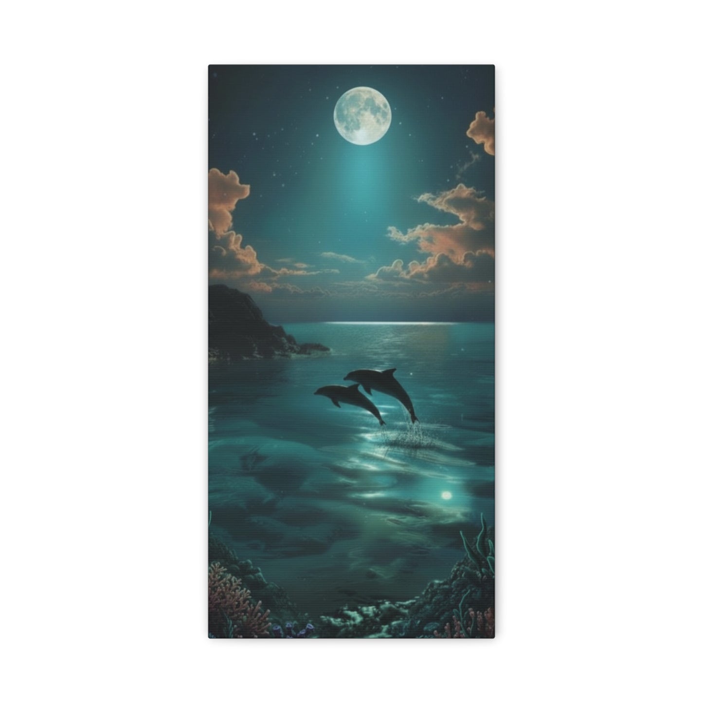 Playful Dolphin Moonlight Canvas Print — Tranquil Ocean Wall Art
