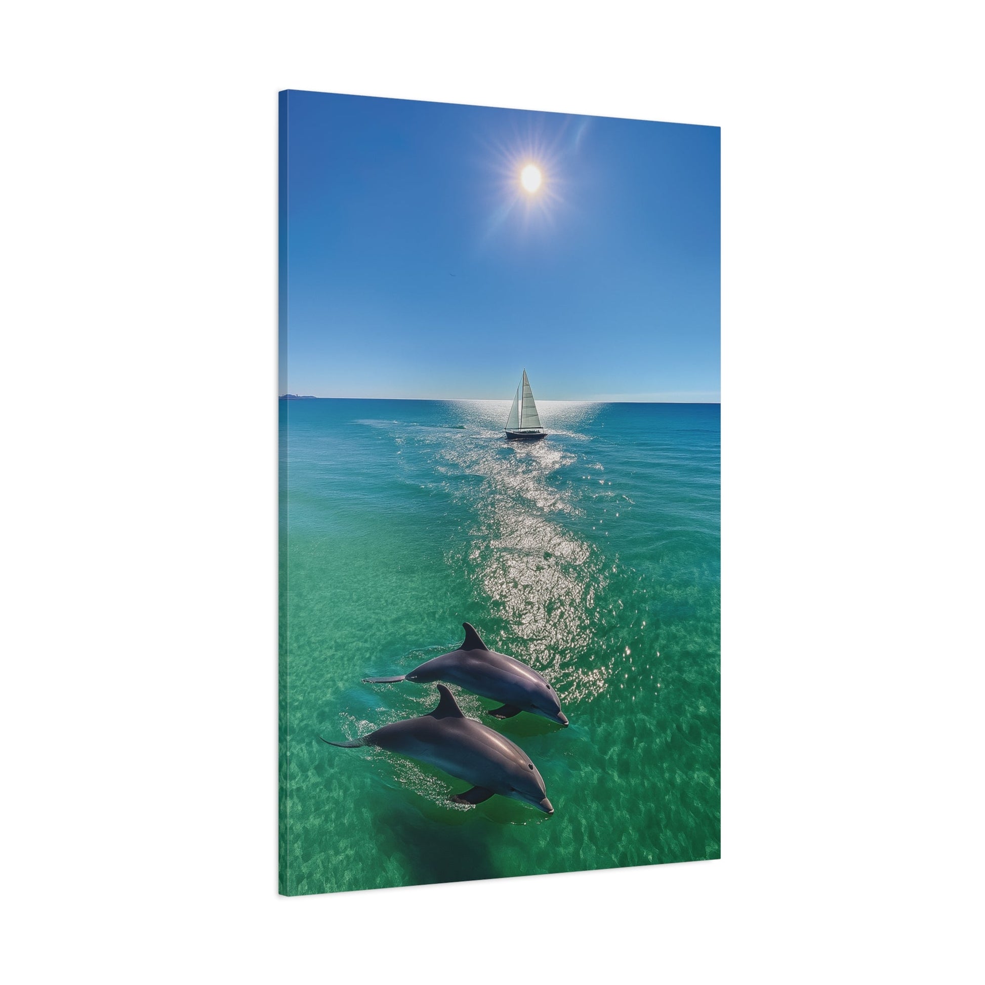 Wall art canvas print of ocean scene with sailboat and dolphins under the sun