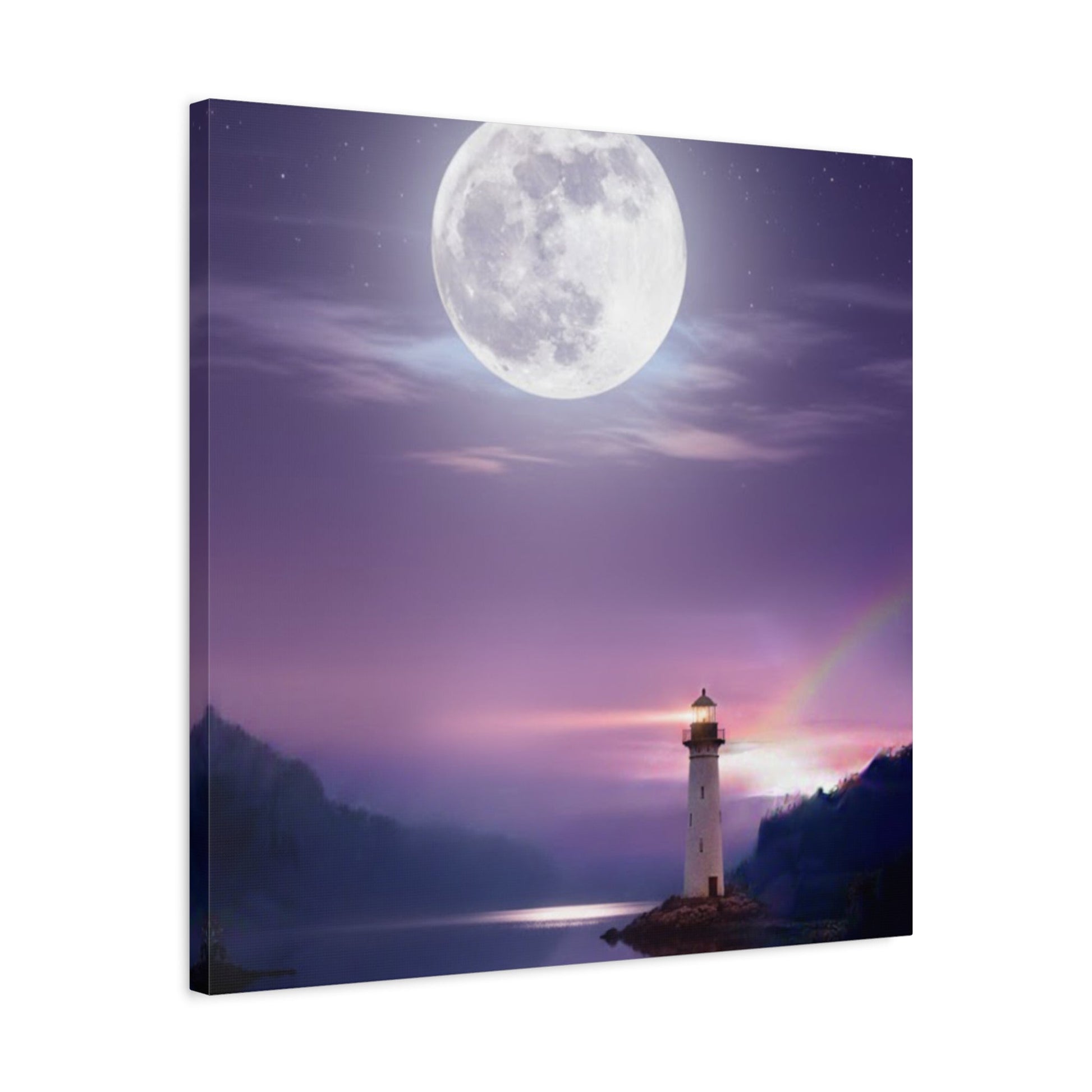 Canvas wall art of a full moon and lighthouse reflecting over a calm lake in violet and indigo tones