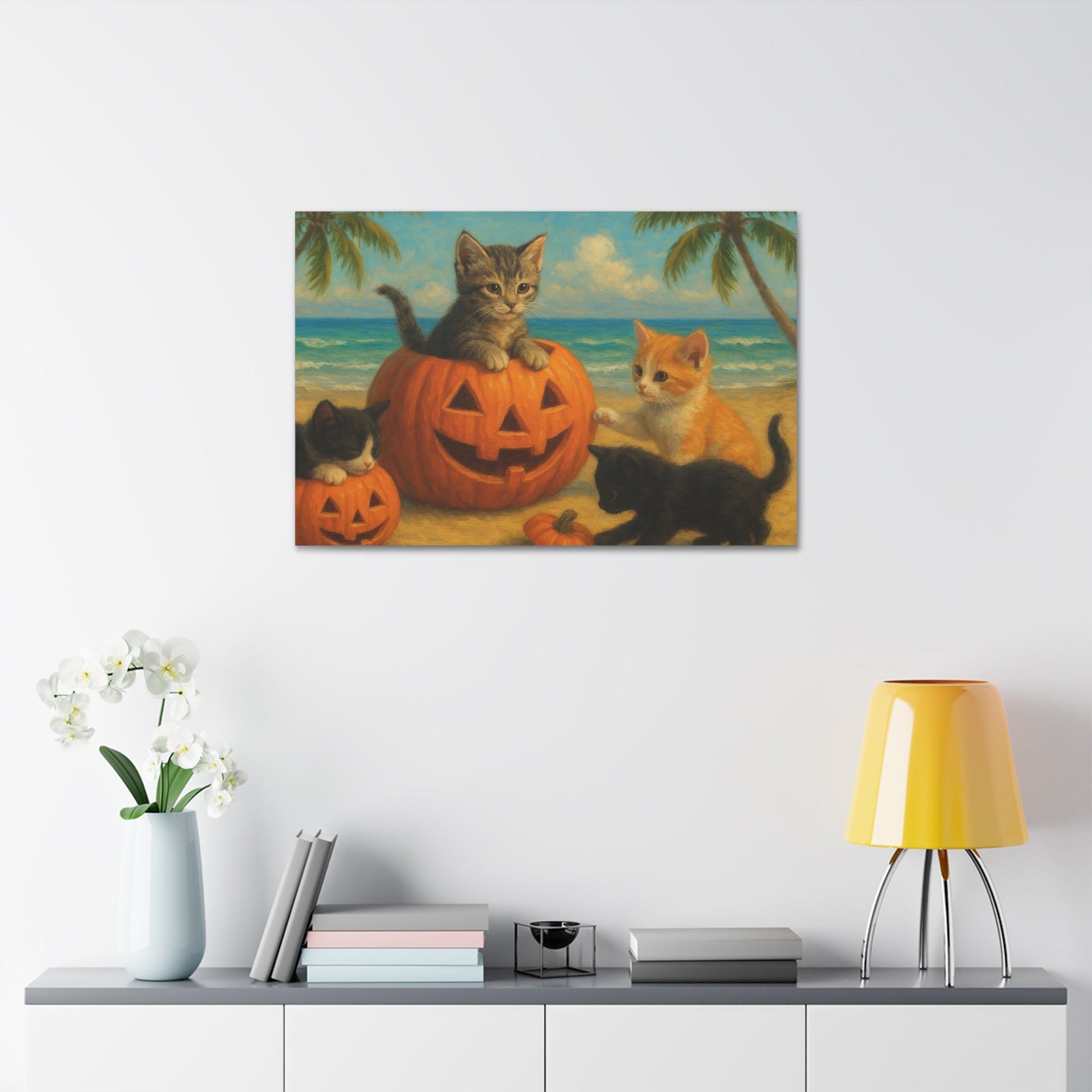 Canvas-Pumpkin Kittens wall art with kittens playing on Halloween pumpkins by the beach, cozy fall home decor.