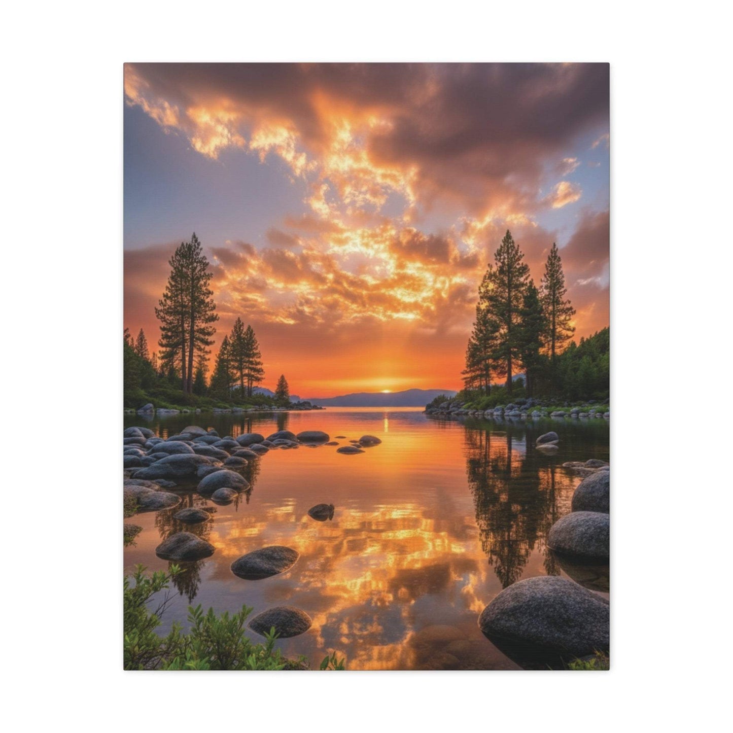 Canvas wall art of sunrise over evergreen forest path with golden light and serene natural scenery