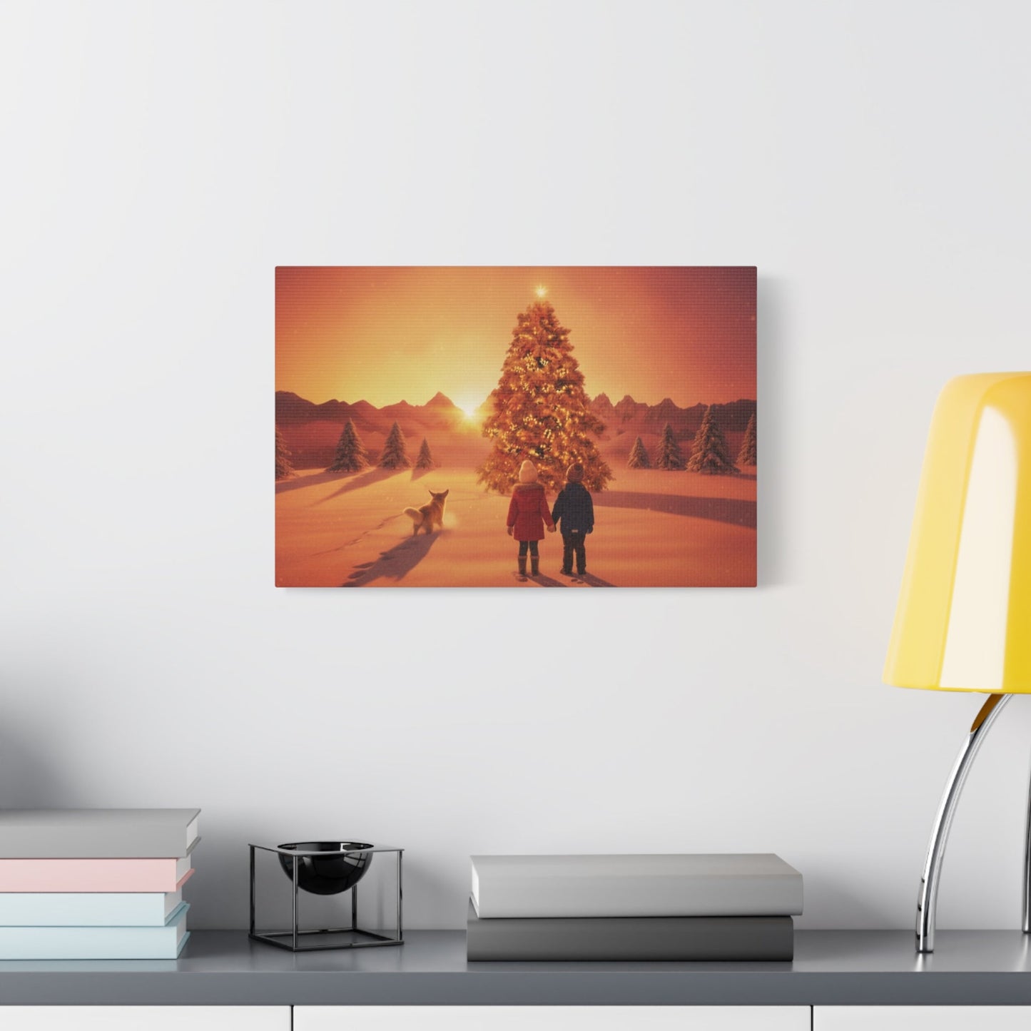 Canvas wall art of children and a dog by a Christmas tree at sunrise in a snowy field