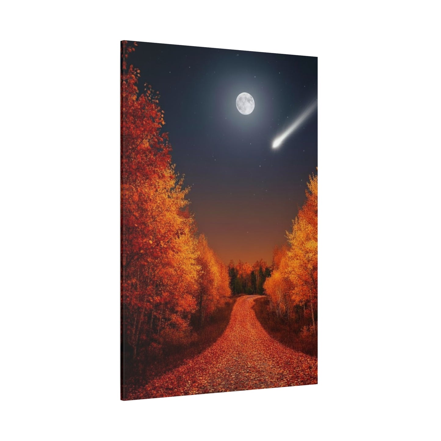 Canvas wall art depicting an autumn forest road under a full moon and shooting star with vibrant fall foliage