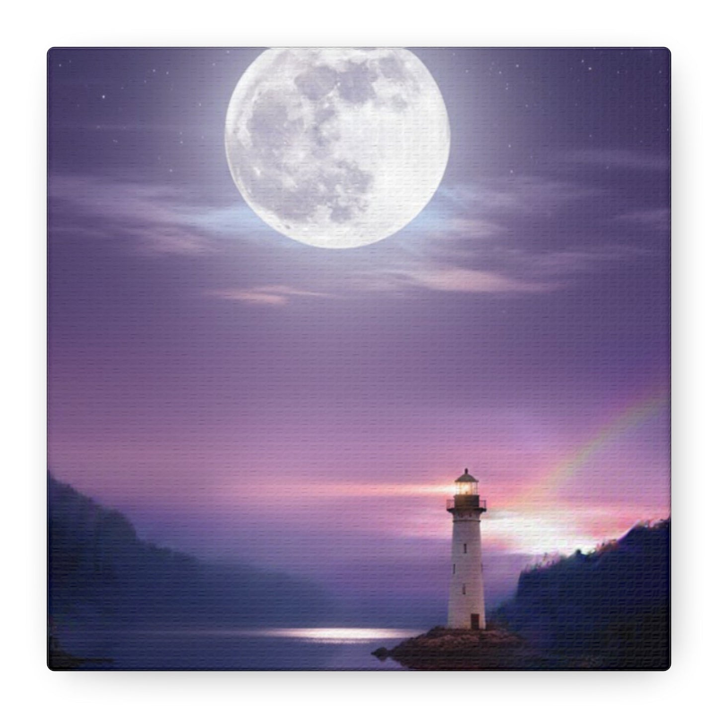 Canvas wall art of a serene lighthouse by a mirror-smooth lake under a majestic full moon in violet and indigo tones