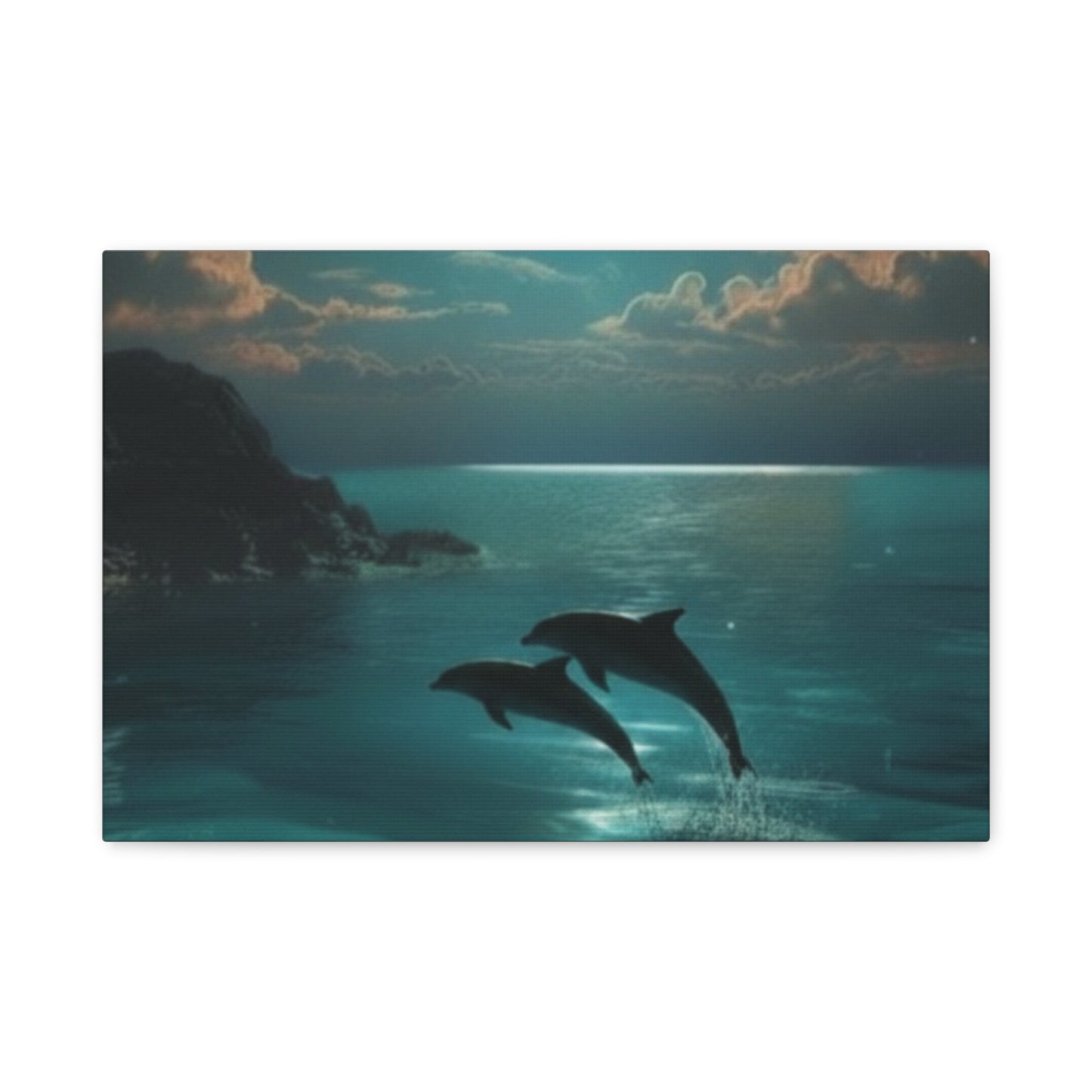 Dolphins in Turquoise Moonlit Ocean Canvas Wall Art