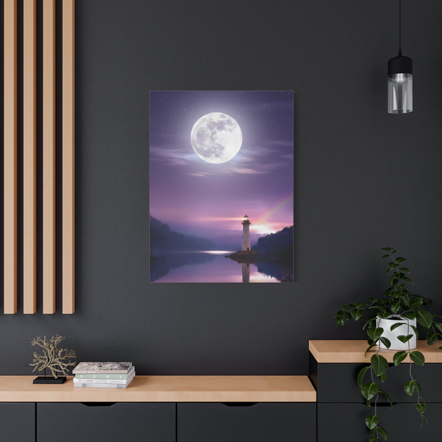 Canvas wall art of a luminous full moon over a calm lake with a glowing lighthouse in serene violet and indigo tones