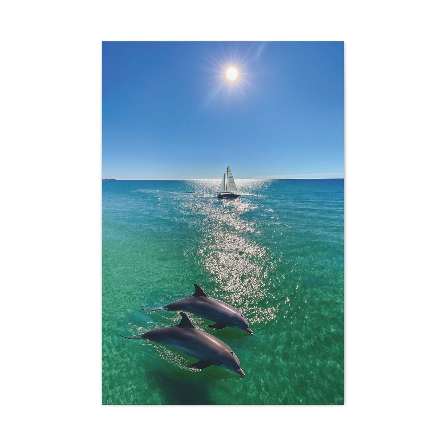 Wall art canvas print of ocean scene with sailboat and dolphins under bright sun