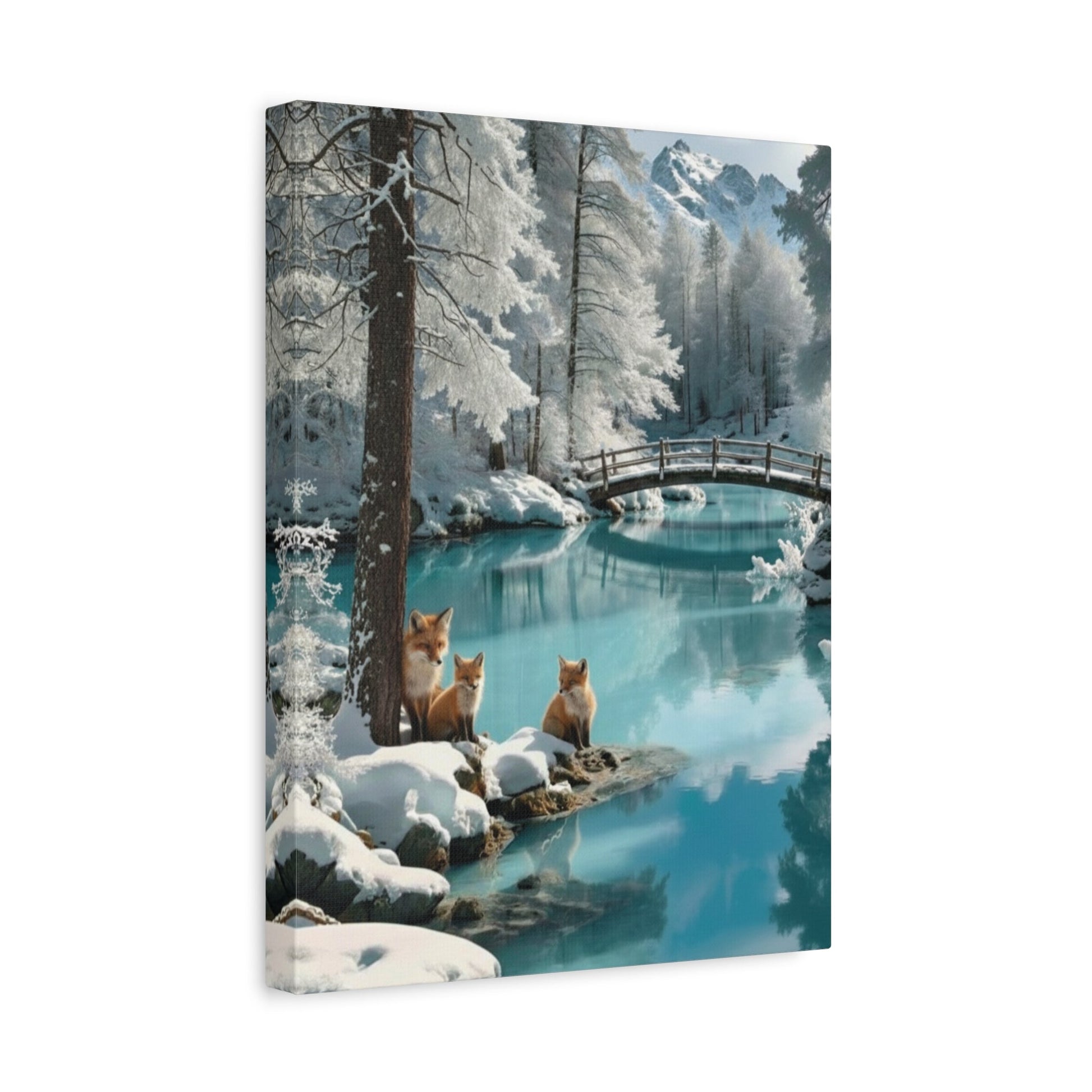 Canvas wall art featuring winter foxes by a snowy river with a wooden bridge in a serene landscape