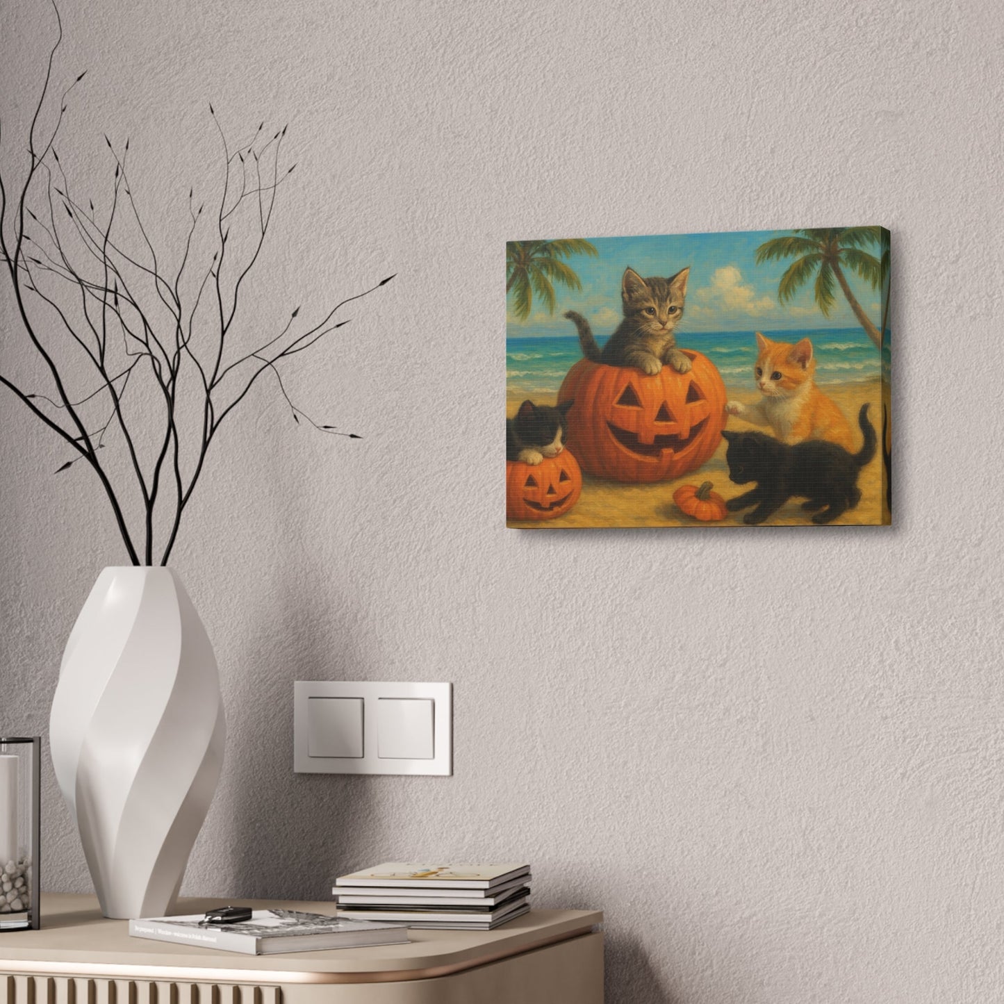 Canvas-Pumpkin Kittens wall art with playful kittens and pumpkins on beach, autumn Halloween decor for cozy living room