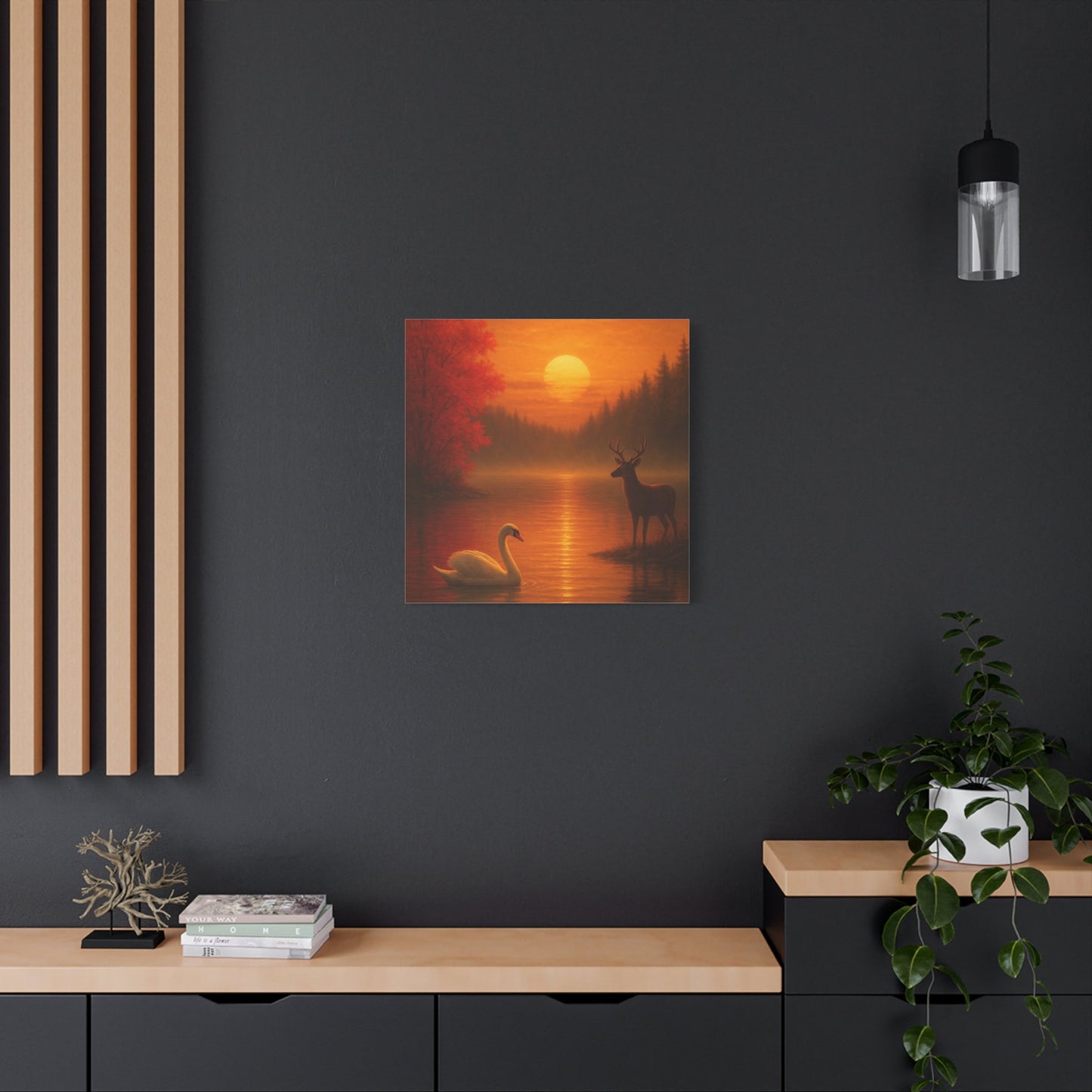 Dusk on the Autumn Lake Sunset canvas art featuring a swan, deer, and crimson maple leaves at sunset