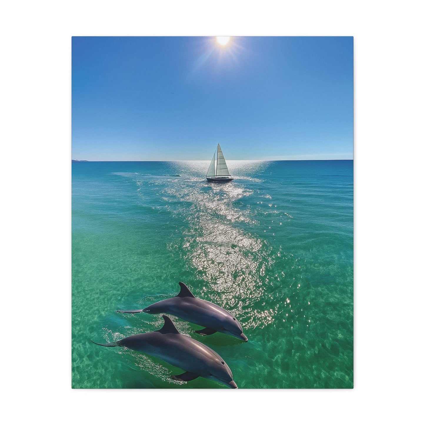 Wall art canvas print of sailboat and dolphins in ocean under sun