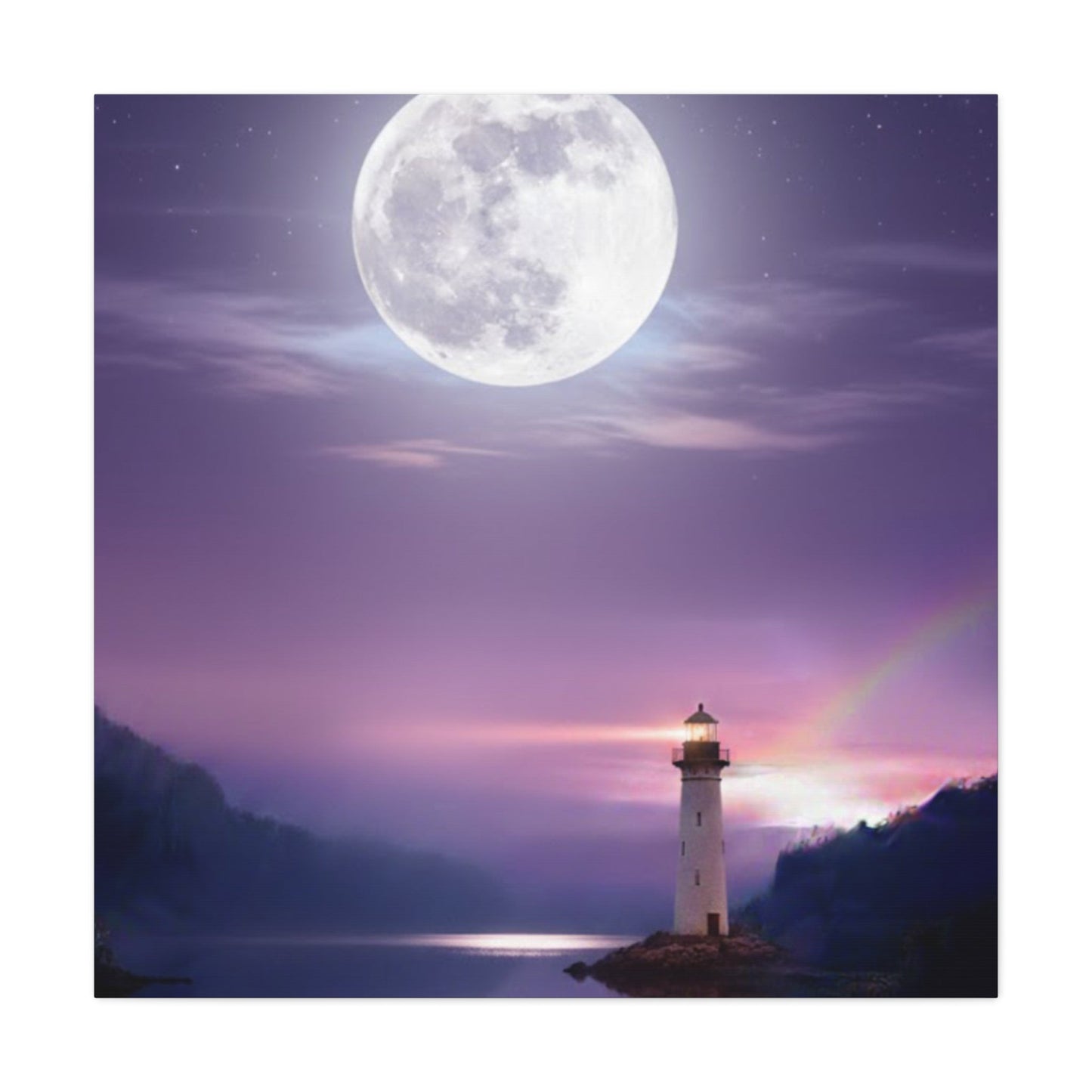 Canvas wall art depicting a serene lighthouse by a mirror-smooth lake under a bright full moon in violet and indigo tones