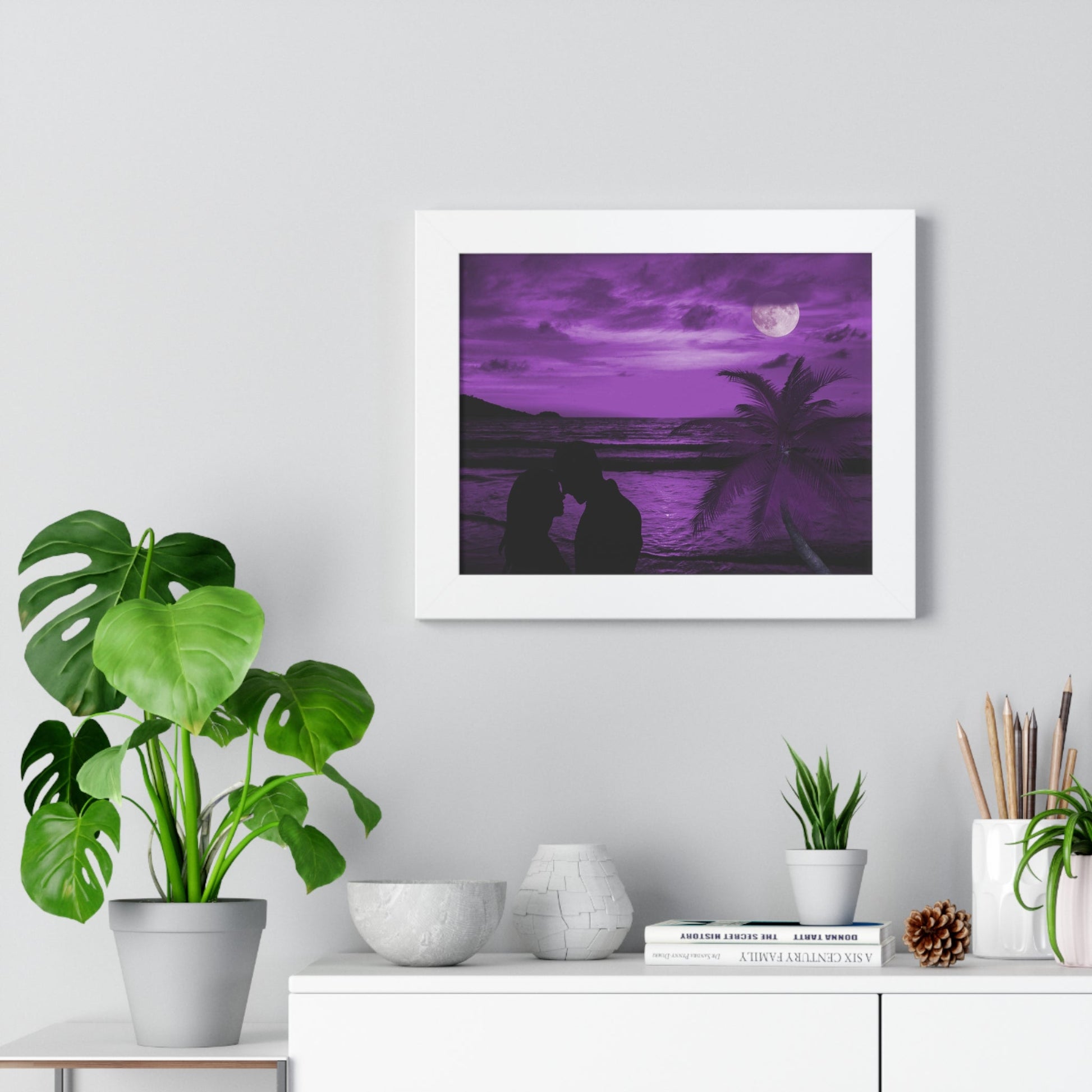 Romantic purple framed poster of beach couple silhouette with ocean and palm tree wall art