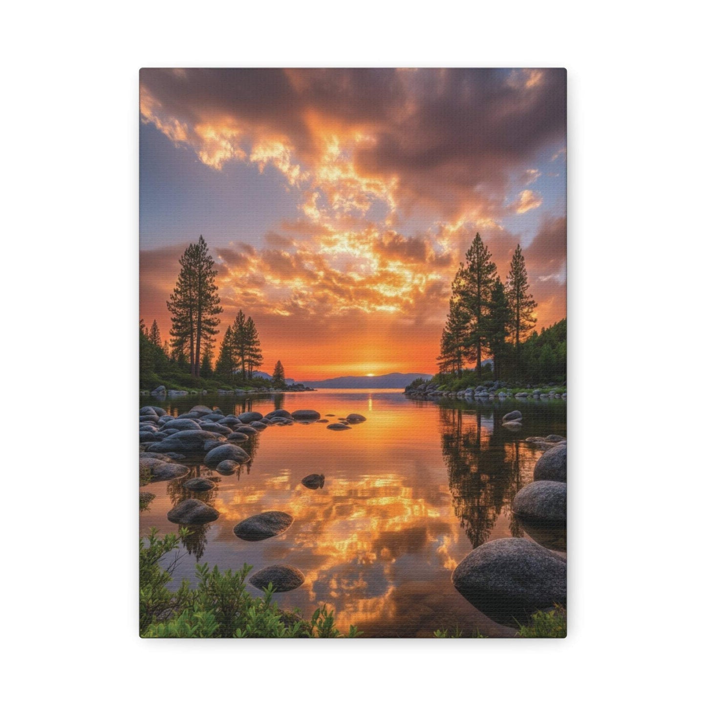 Canvas wall art featuring a vibrant sunrise over a serene evergreen path with lush pine trees and dewy ground.