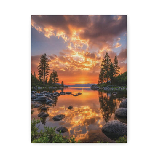 Canvas wall art featuring a vibrant sunrise over a serene evergreen path with lush pine trees and dewy ground.