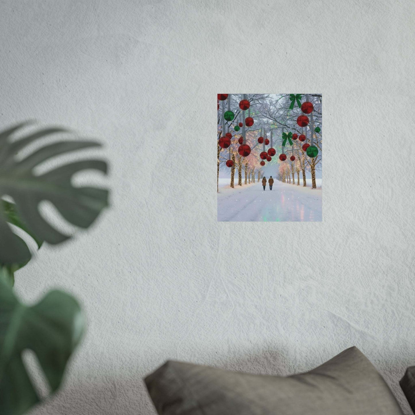 Couple walking under winter Christmas lights in snowy park poster on wall