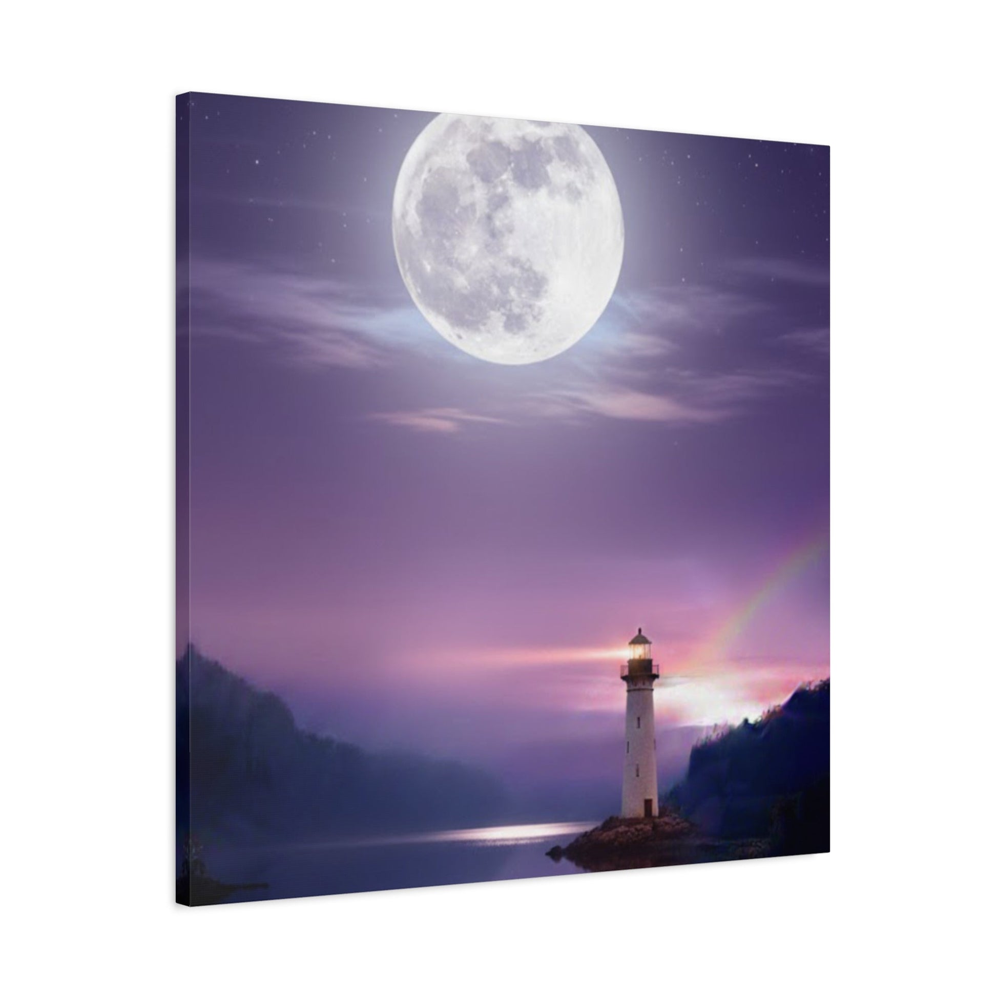 Canvas wall art of a serene lighthouse glowing under a full moon reflecting on a calm lake in violet and indigo tones