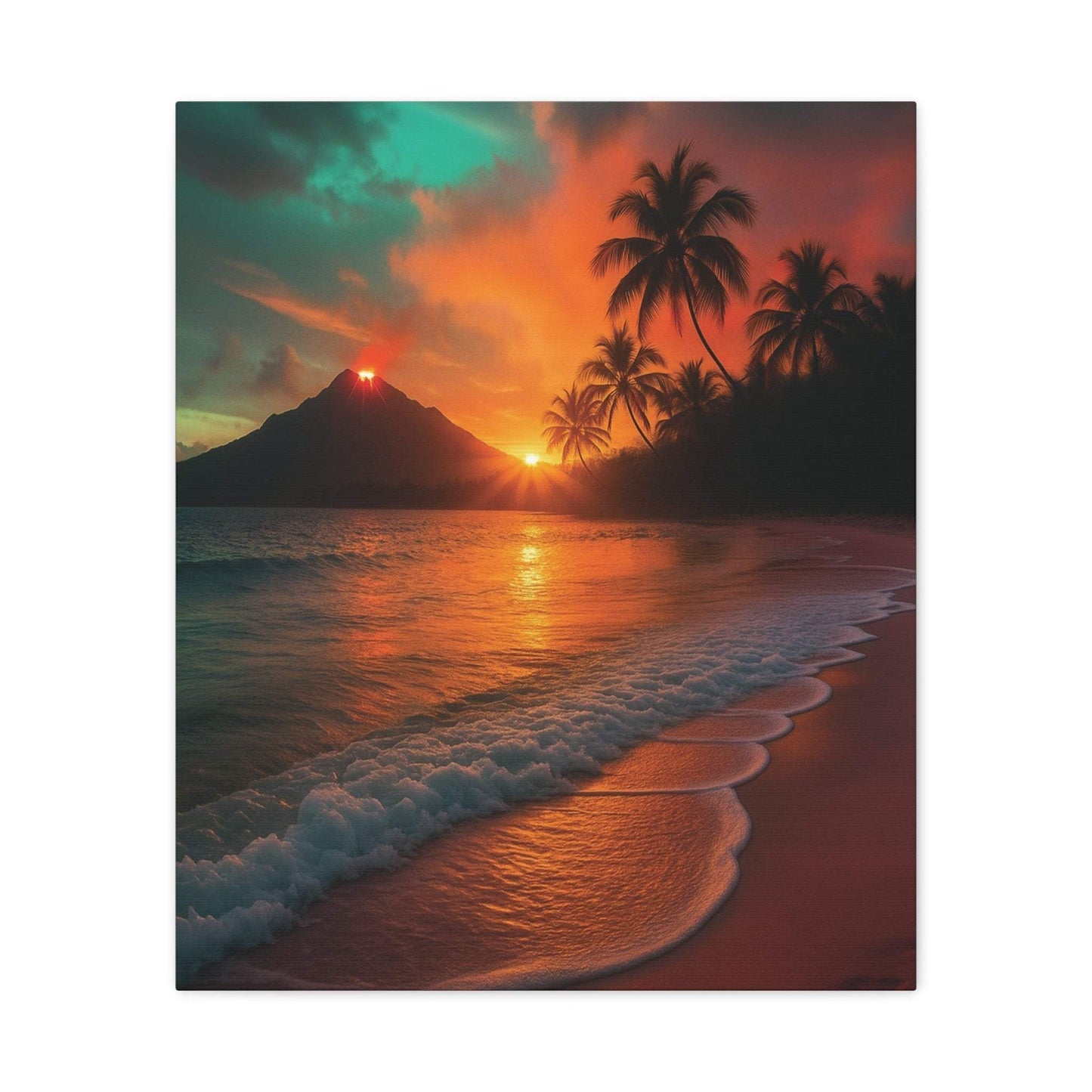 Canvas wall art of red lava flowing with sunrise reflecting on ocean shore and palm trees, evoking tranquility and nature beauty.