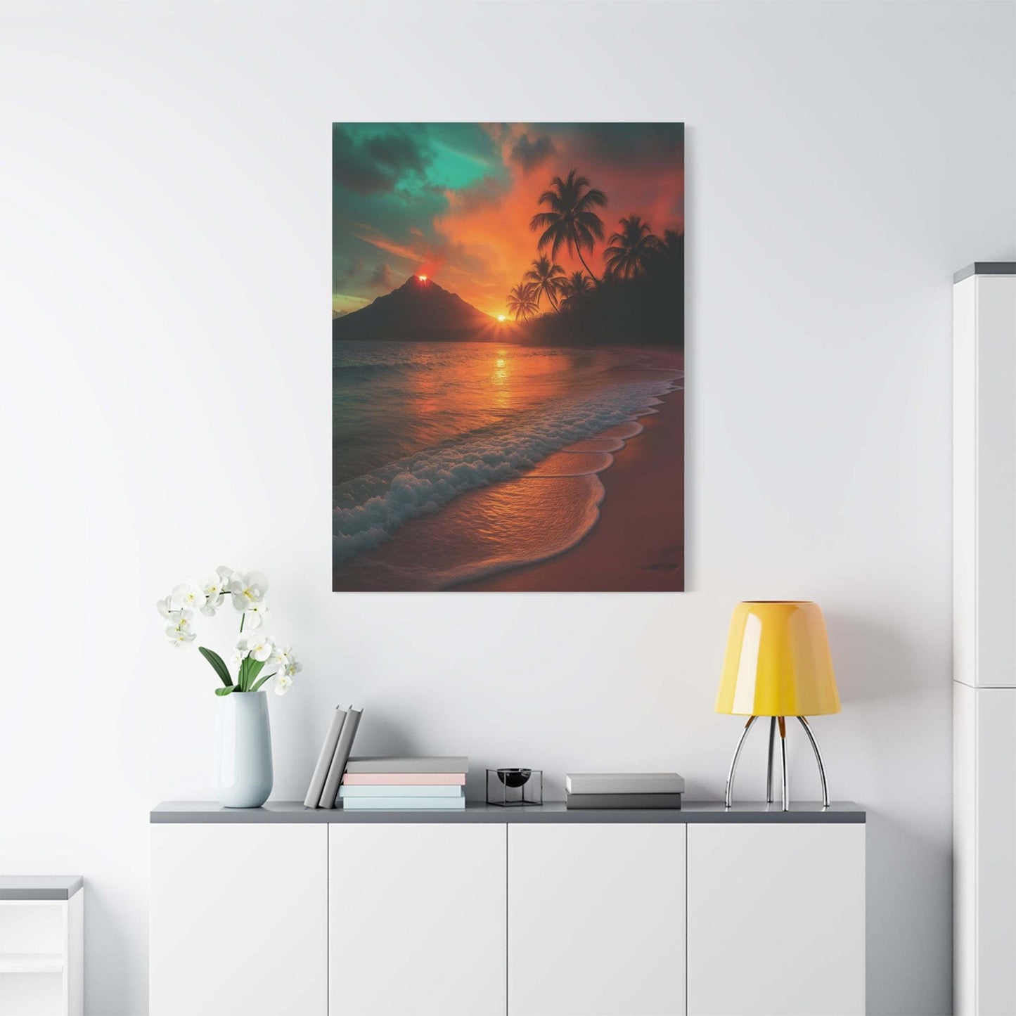 Canvas wall art of red lava and sunrise reflecting on ocean beach with palm trees in peaceful nature scene