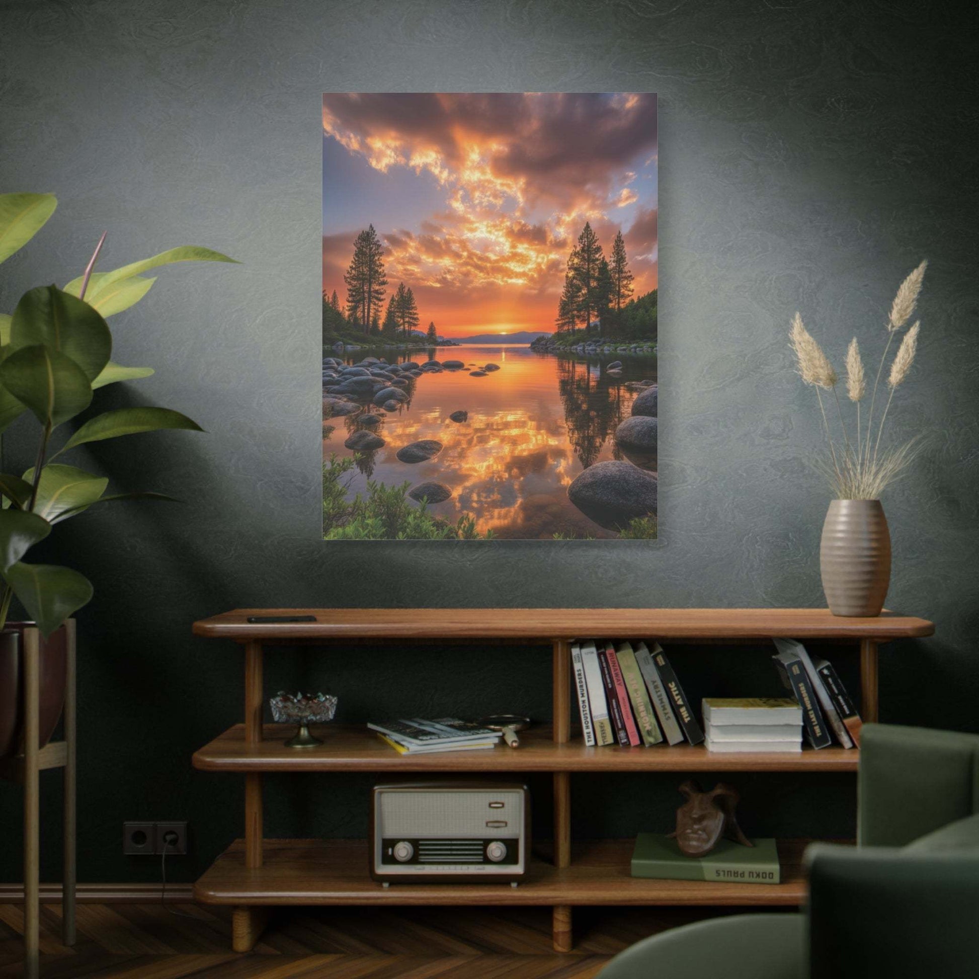 Canvas wall art showing a vibrant sunrise through evergreen trees reflected on a serene lake