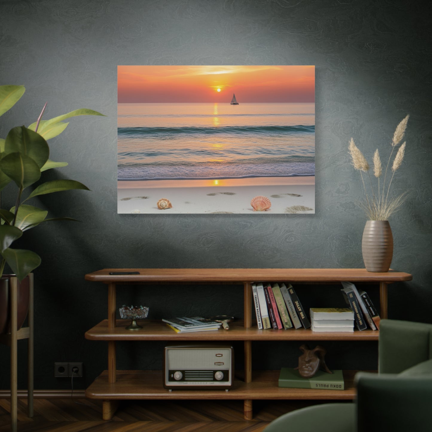 Peaceful Beach Sunset Canvas - Calming Footprints &amp; Seashells Wall Art for Bedroom