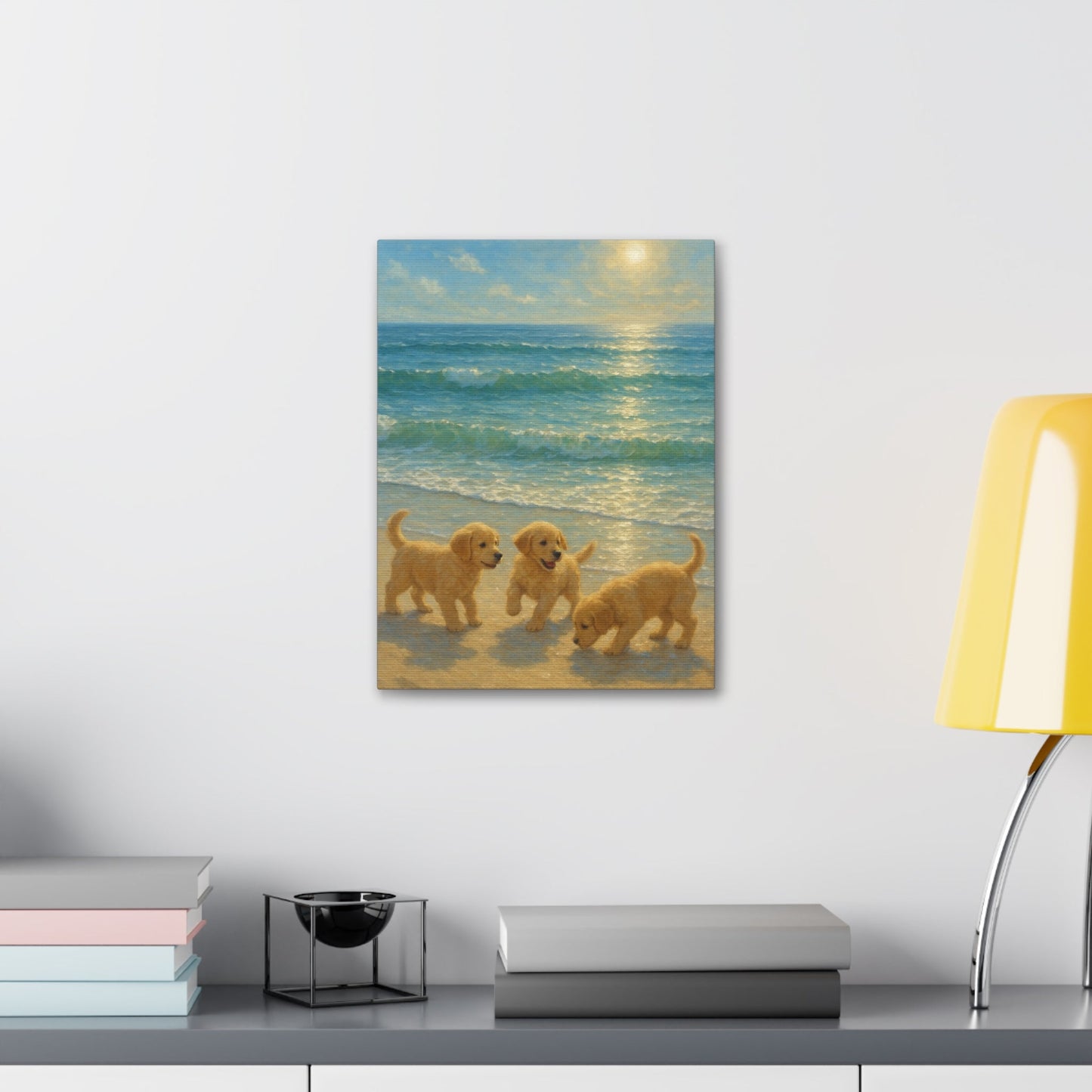 Abstract canvas wall art of three Golden Retriever puppies playing on sunlit beach with ocean waves and golden sunlight reflection