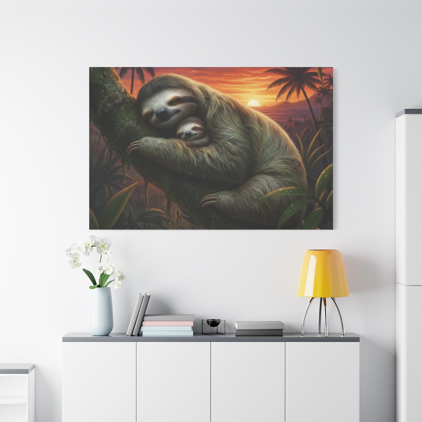 Sloth Mom & Baby Sunrise Canvas Wall Art — Stretched Matte Print