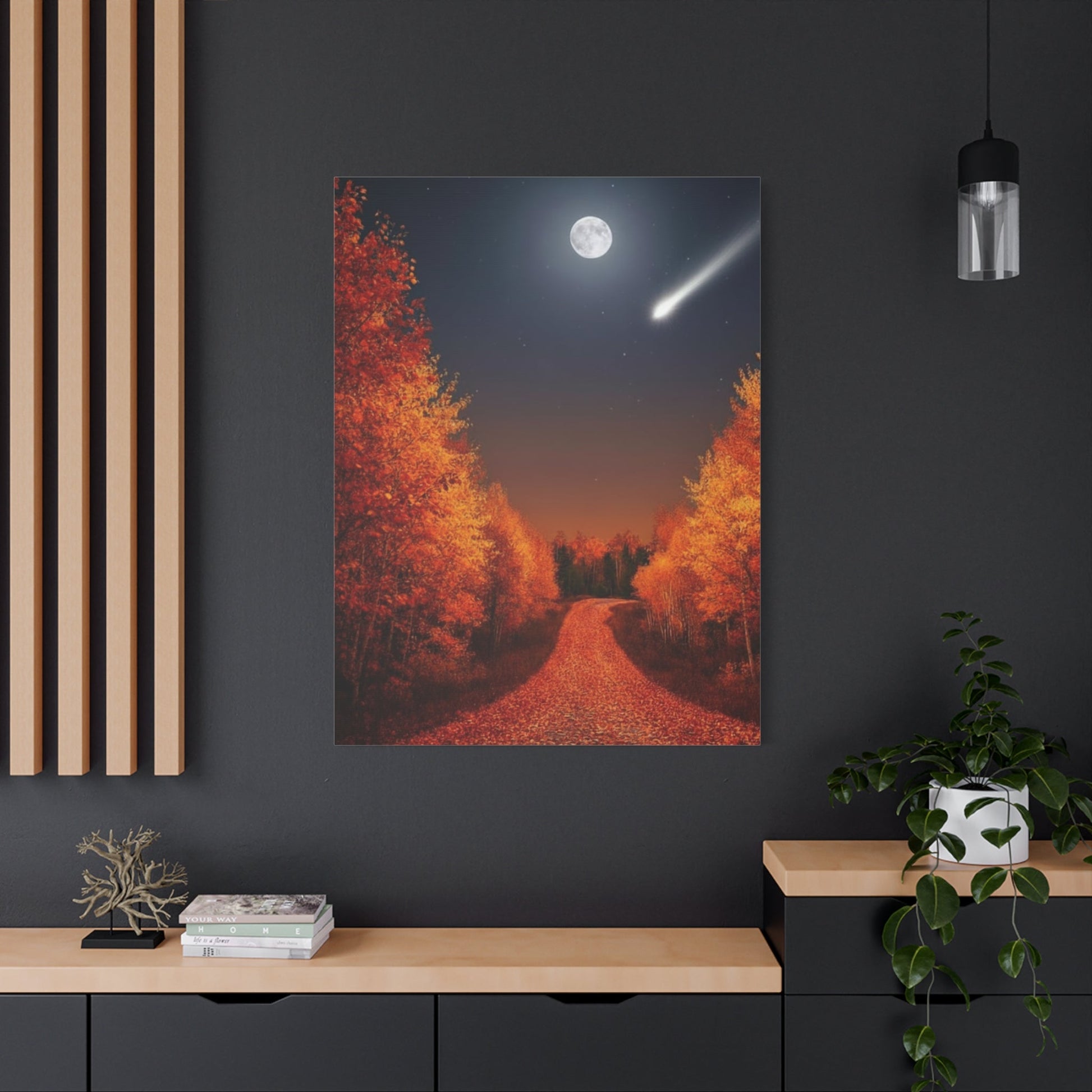 Canvas wall art featuring an autumn forest road under a full moon and shooting star