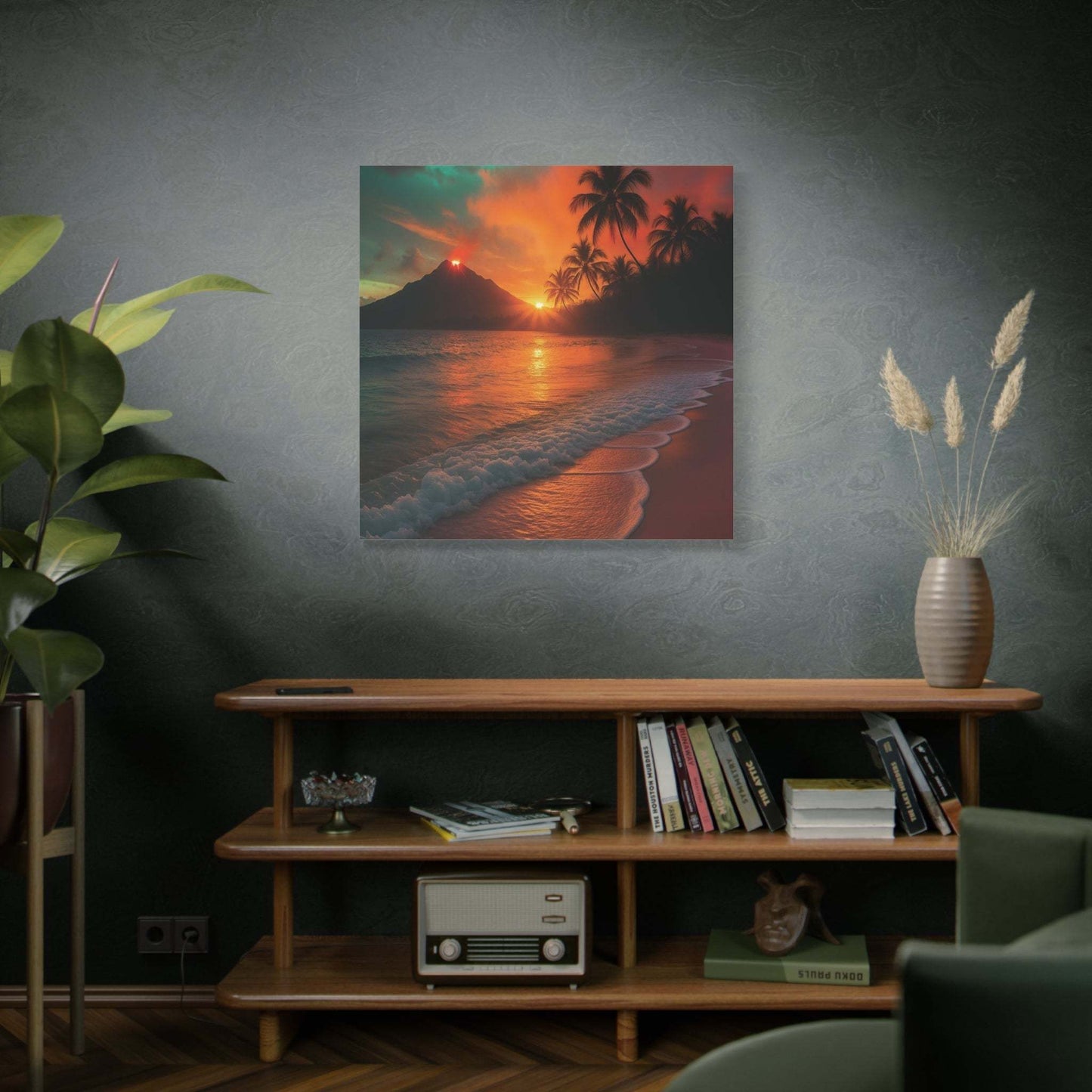 Canvas wall art of red lava flowing by the ocean with a sunrise and palm trees, perfect for nature lovers and tranquil home decor.