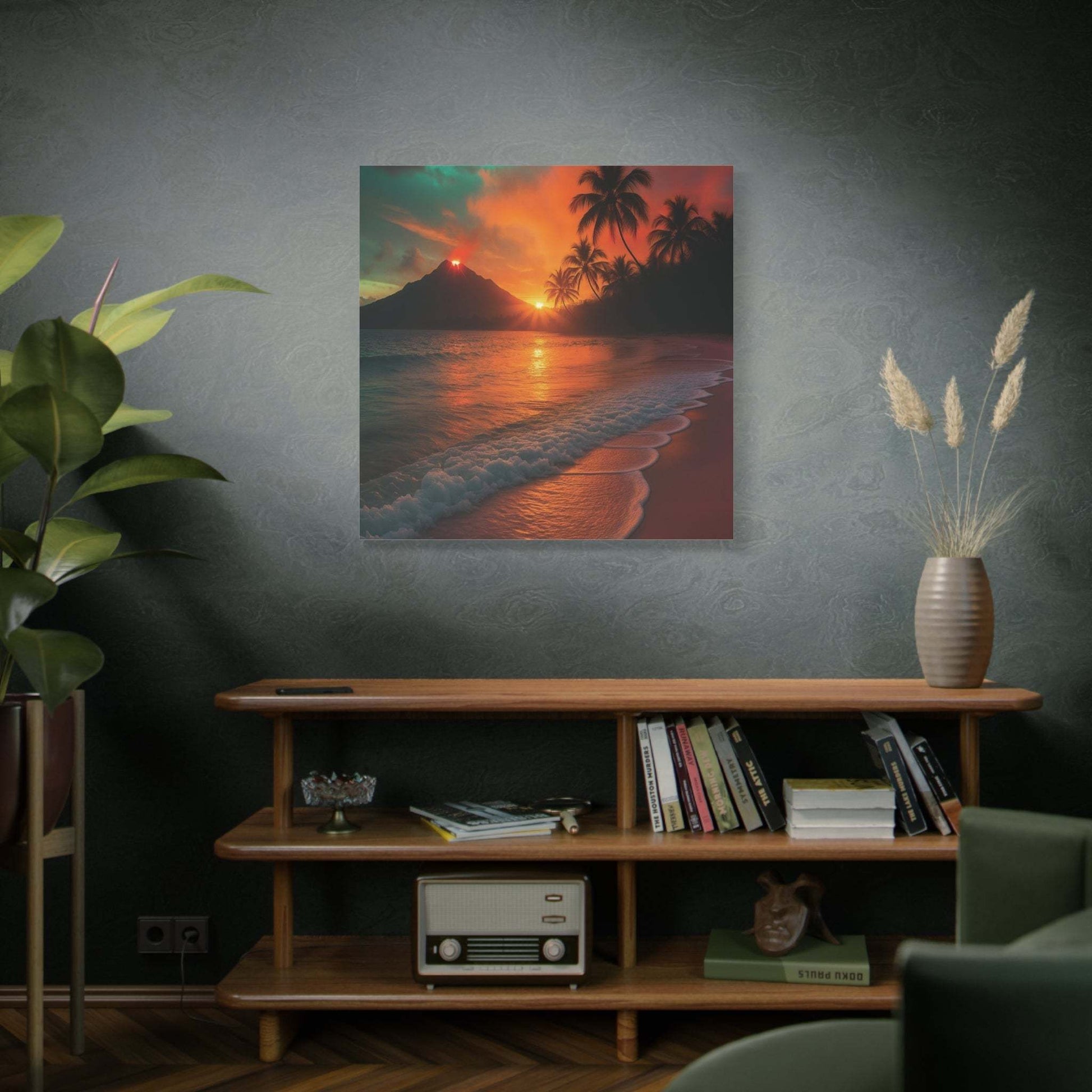 Canvas wall art of red lava flowing by the ocean with a sunrise and palm trees, perfect for nature lovers and tranquil home decor.