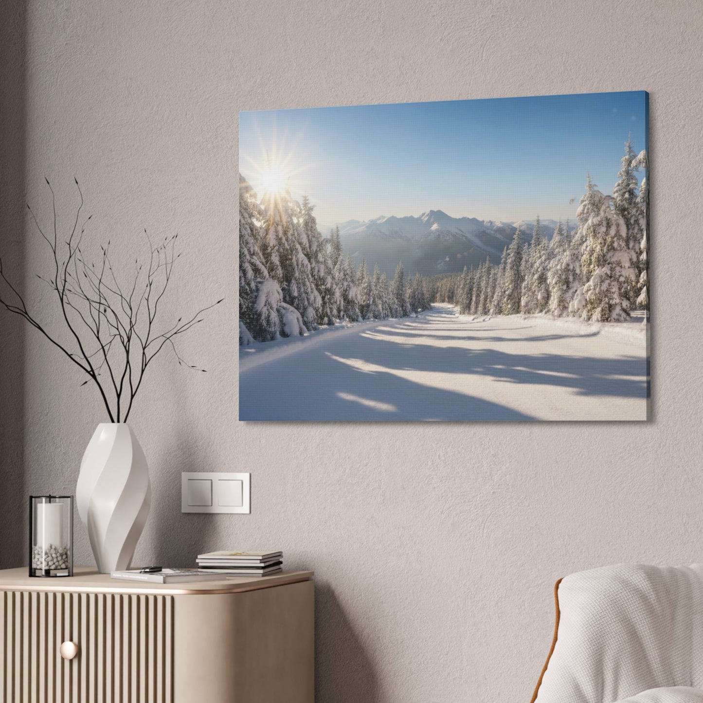 Canvas wall art depicting a serene wintry trail with snow-covered trees and distant mountains under a clear sunny sky