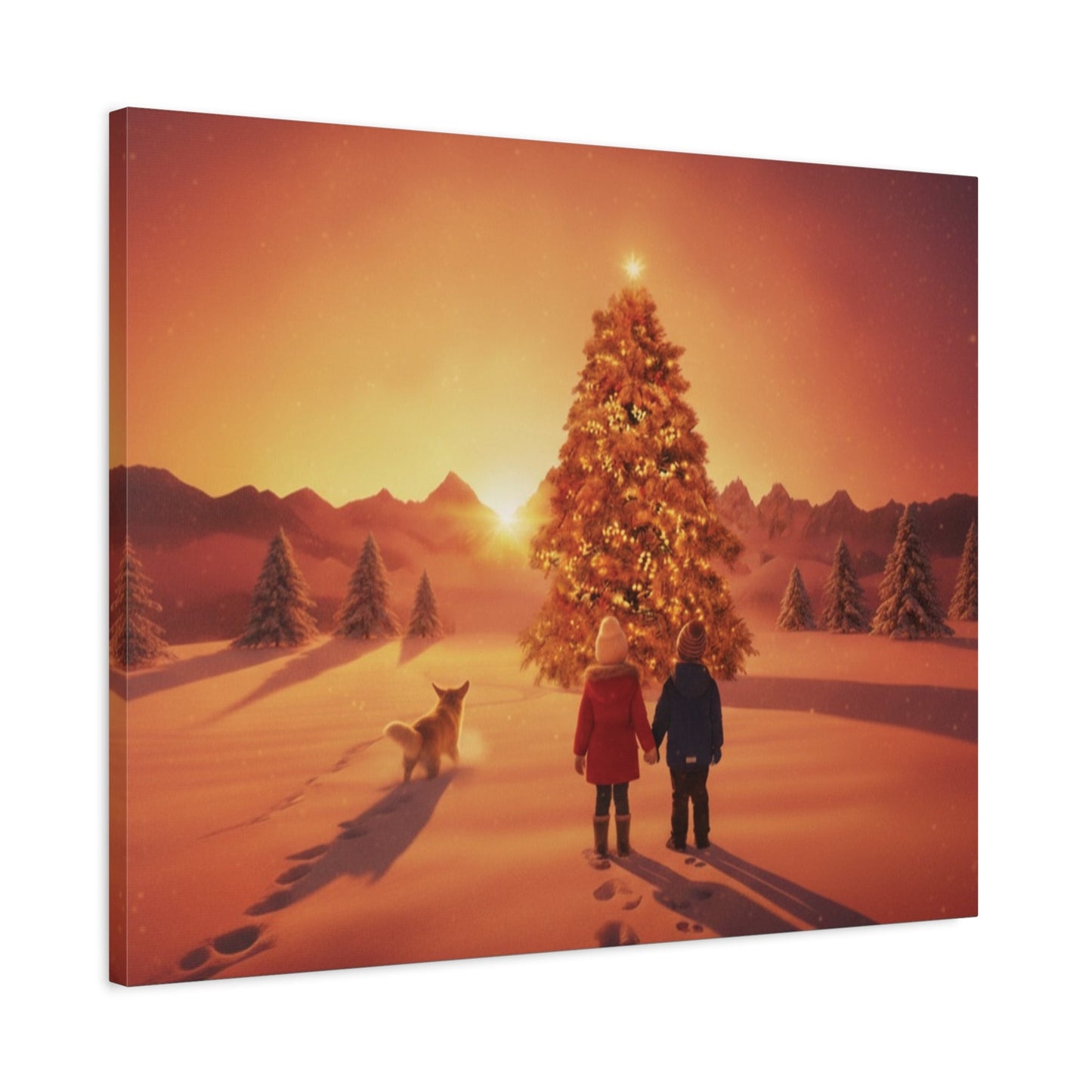Canvas wall art of children and dog discovering a glowing Christmas tree at sunrise in a snowy field